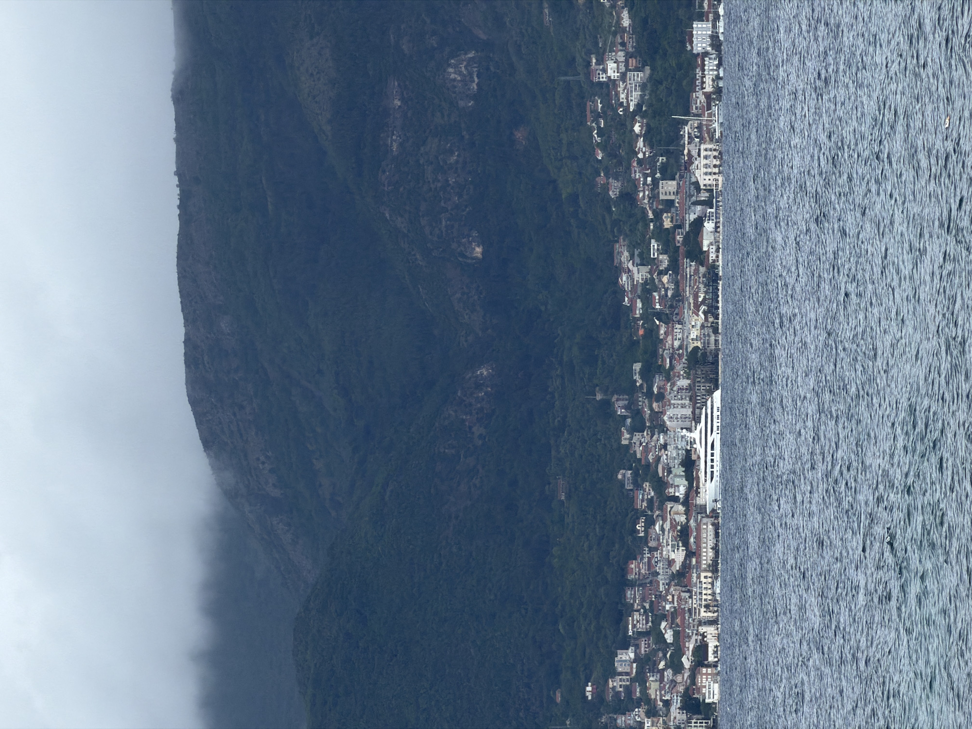 The image displays a coastal scene in Gošići, Montenegro. A mountain covered in dense vegetation dominates the left side of the frame. Fog obscures the mountain's base. A dense line of buildings is situated along the coastline, nestled between the mountain and the water. The right side of the image shows the water, with visible ripples on its surface. A large, white ship is docked near the city.