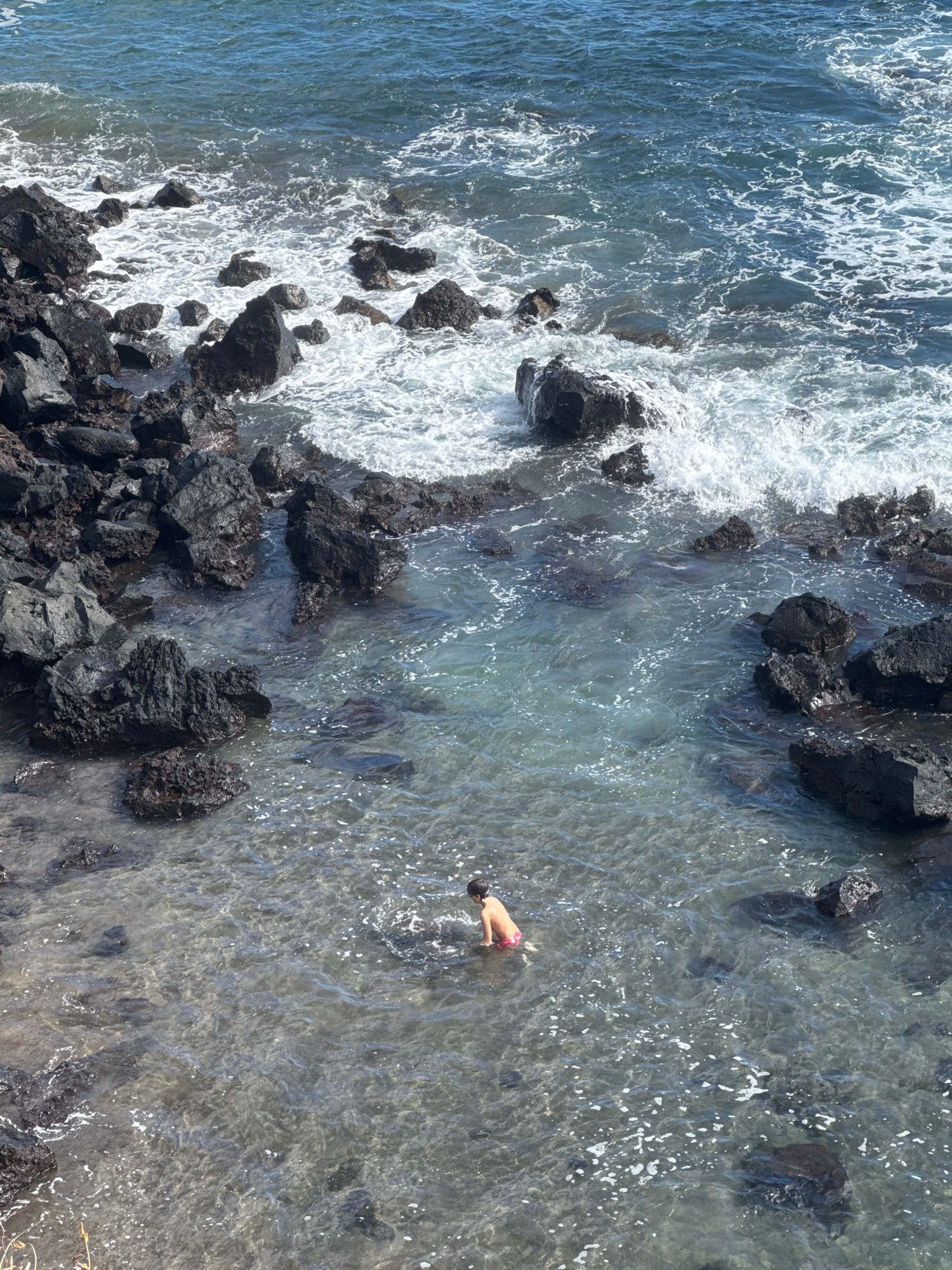 In an aerial view of a rocky coastline, a young child wearing red swim trunks wades in shallow, clear water. The child is positioned towards the left side of the frame, with their back to the viewer, and is facing the ocean. The water is calm and shows a sandy or rocky bottom in the shallow areas, with ripples and small whitecaps indicating movement. Dark, jagged rocks are scattered throughout the scene, both in the water and along the shore, with waves crashing against them in the upper portion of the image, creating white foam. The ocean water transitions from a clear, lighter blue near the shore to a deeper blue further out. The lighting suggests a bright, sunny day.