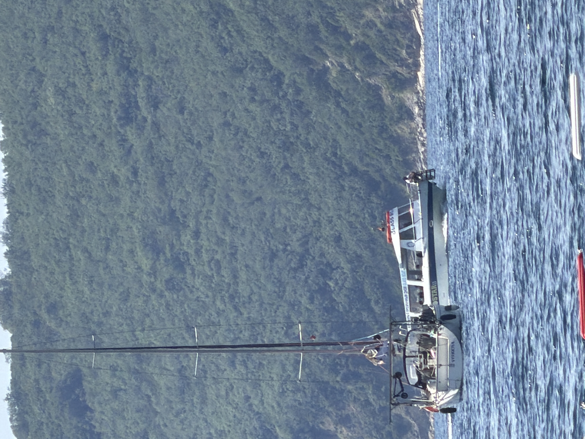 The scene captures a sailboat in the waters of Boreti, Montenegro, near a coast covered in dense green vegetation. A motorboat, marked "GLASS BOAT BLUE STAR II", is also present. The water surface is textured with wave patterns. Markers, potentially navigational, are visible in the water. People are on both vessels.