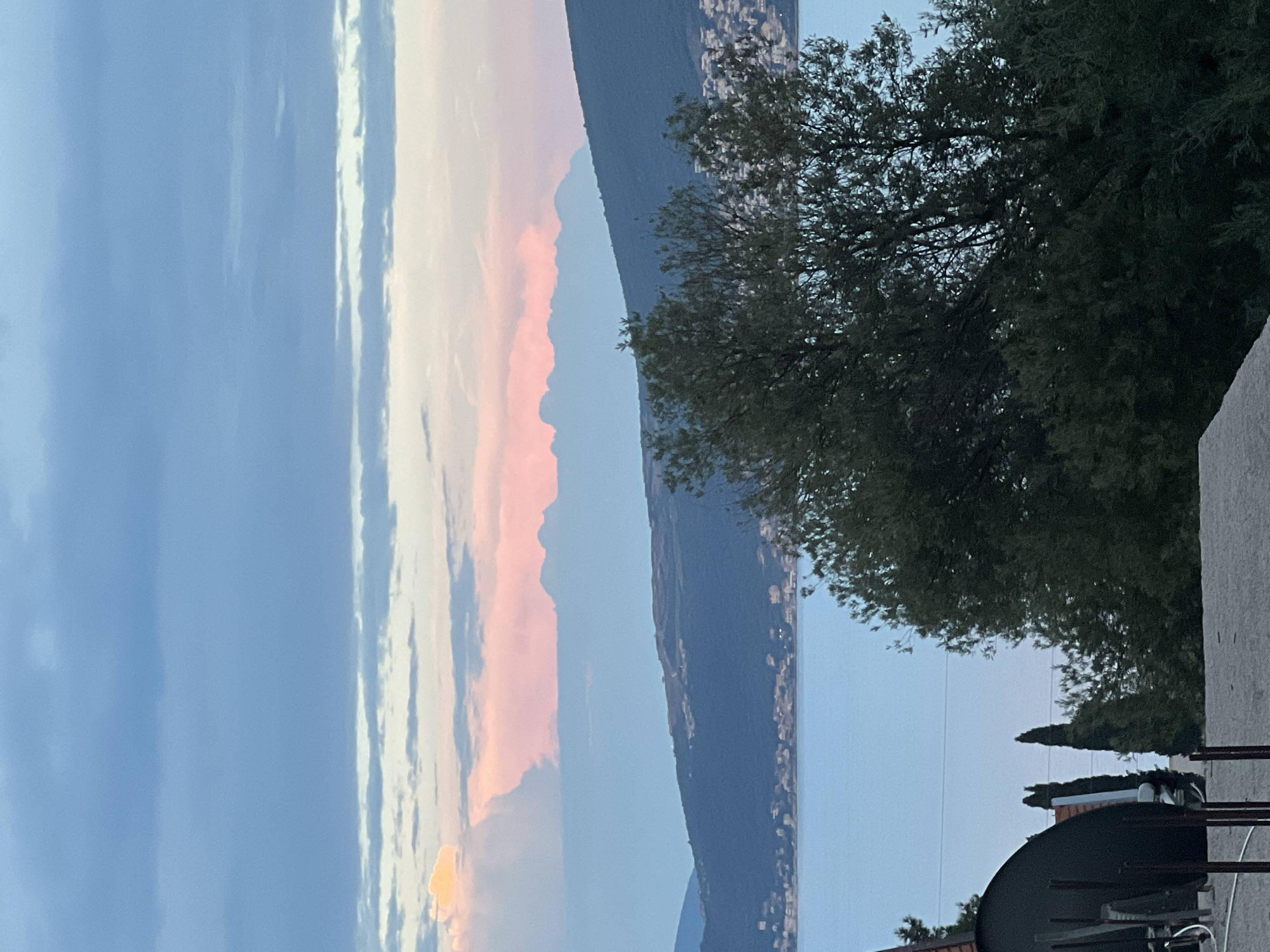 A panoramic view of a coastal landscape is depicted. The sky above is a mix of soft blues and pale pinks, suggesting either dawn or dusk. Several layers of clouds are visible, with some tinged with rosy hues from the setting or rising sun. Below the sky, a distant mountain range with jagged peaks is silhouetted against the horizon, its outline softened by atmospheric haze.
In the middle ground, a calm body of water, likely the sea or a bay, stretches across the image. Along the far shore of the water, a densely populated town or city is visible, with buildings clustered together on a gentle slope. The coastline curves into the distance, framed by dark green, rolling hills.
In the foreground, a lush, green tree with dense foliage dominates the right side of the frame, partially obscuring the view of the town and water. To the left, the edge of a dark, curved structure, possibly a satellite dish or a dome, is visible along with what appears to be parts of a fence or scaffolding, suggesting construction or a residential area. Several tall, slender trees, likely cypress or similar conifers, are also present in the foreground, adding to the natural elements of the scene. The overall impression is one of a tranquil, scenic vista. The location is identified as Baošići, Montenegro.