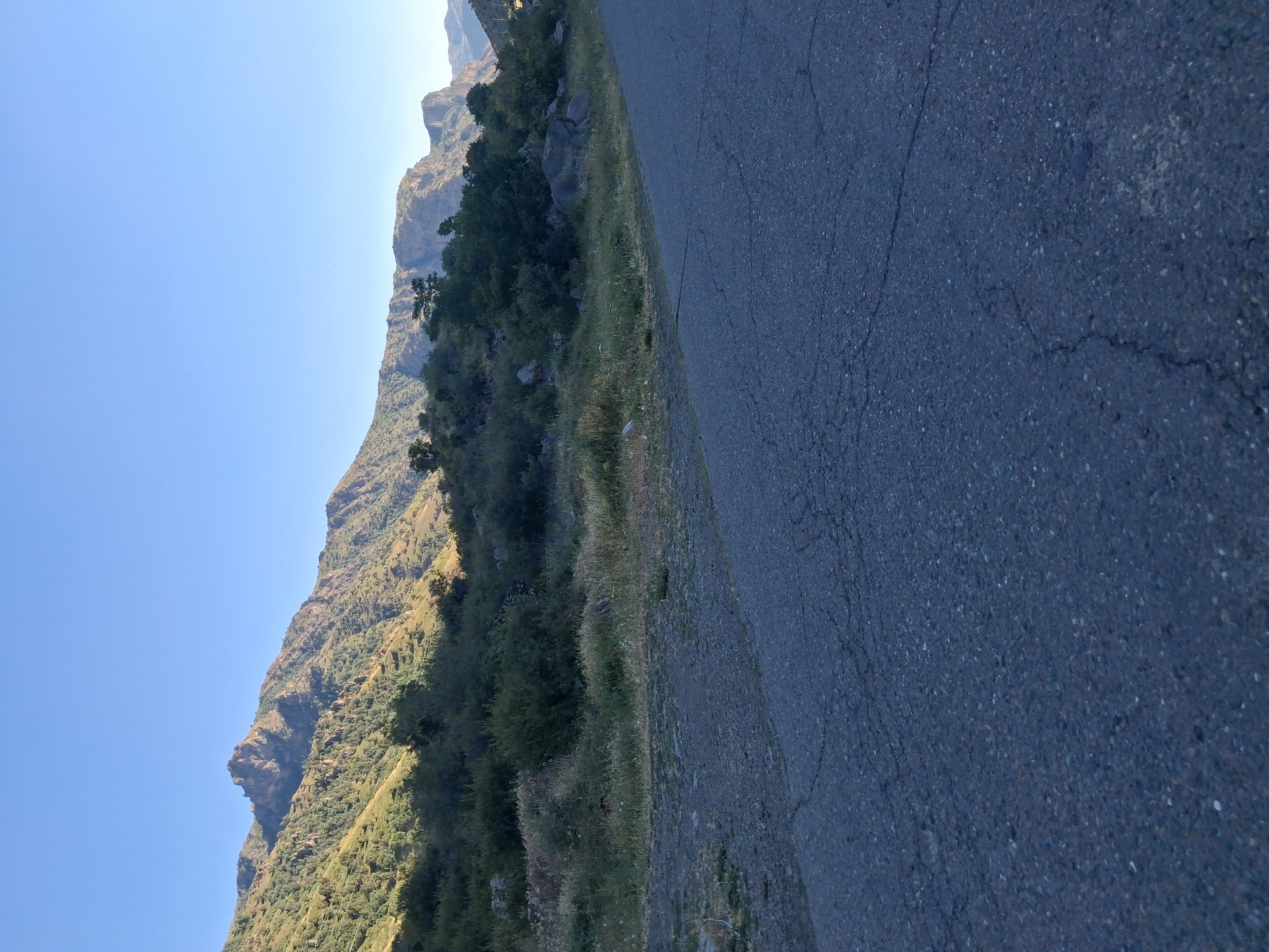 This media file captures a scenic view of a mountainous landscape in Shatin, Armenia. The scene is dominated by a steep, verdant mountainside on the left, covered in dense foliage and trees. The mountains are rugged and show signs of geological formations, with rocky outcrops visible. A clear, bright blue sky fills the upper portion of the image, suggesting a sunny day.
Adjacent to the mountainside, a dark, paved road stretches diagonally across the frame, taking up the right half of the image. The road appears to be asphalt and shows some signs of wear, with visible cracks. The perspective suggests the viewer is either on or very near the road, looking up towards the mountains.
The time of day appears to be morning or early afternoon, given the bright sunlight casting shadows on the mountainside and illuminating the vegetation. The weather seems clear and pleasant. There are no people or specific objects of interest on the road or in the immediate landscape, focusing the attention on the natural environment. The overall impression is one of a remote and natural setting, likely a roadside view in a mountainous region. No text is visible in the image.