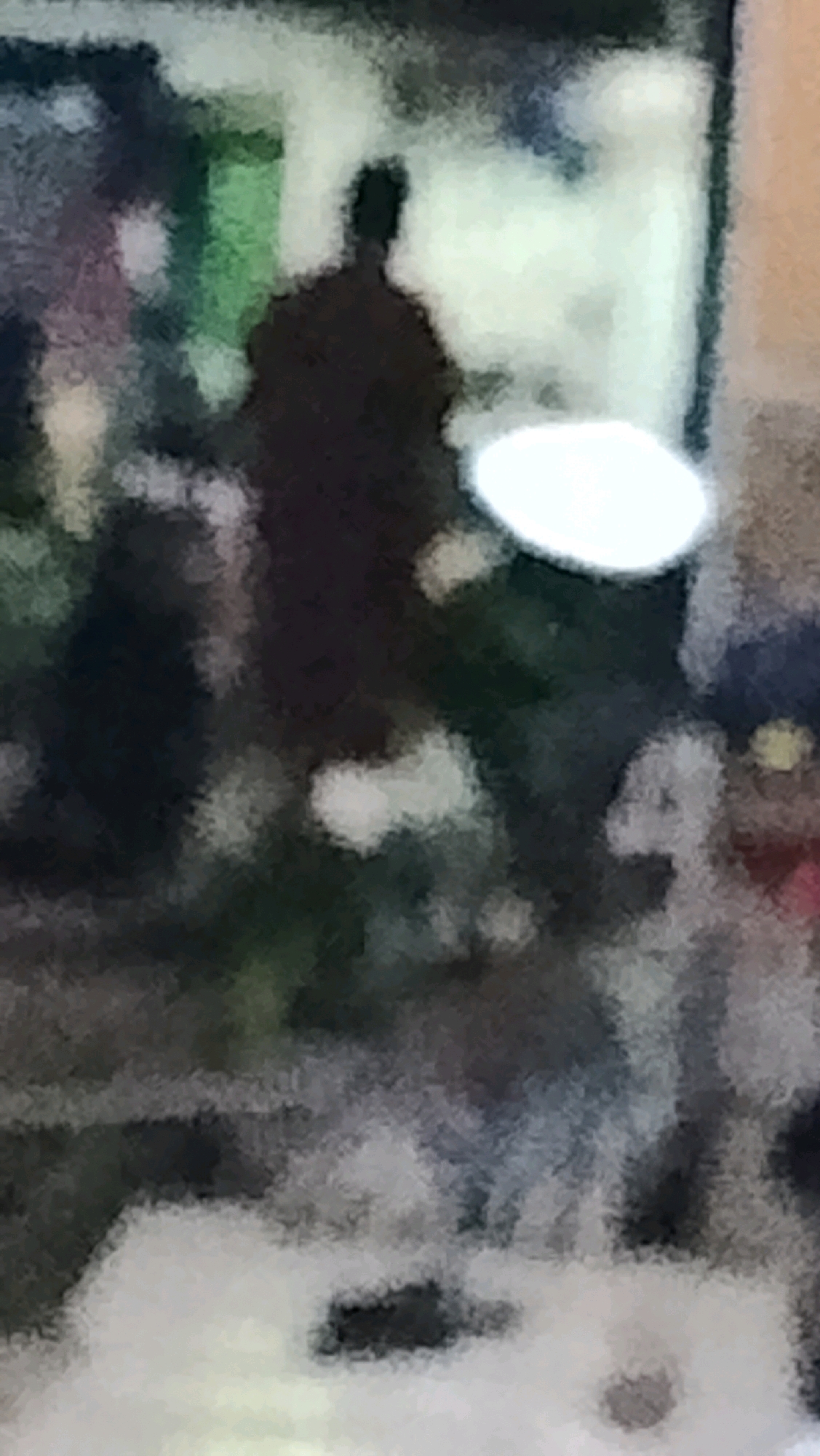 The image is a blurry, low-resolution photograph of a dark, silhouetted figure standing in what appears to be an indoor or semi-indoor environment. The figure is in the center of the frame, facing away from the camera. To the right of the figure, there is a bright, oval-shaped object, possibly a light source or a reflective surface. The background is a chaotic mix of colors and shapes, with indistinct figures and structures, suggesting a crowded or busy setting. The overall impression is one of a candid, possibly surveillance, photograph taken in low light conditions. The location in Ujungrusi, Indonesia, is not discernible from the image itself.