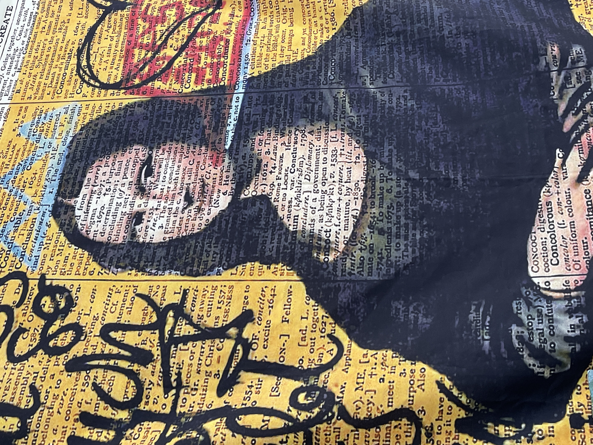 This is an image of a surface covered with a collage of dictionary pages and a superimposed image of a woman. The woman is shown from the shoulders up, with dark hair and what appears to be dark clothing. The background consists of various dictionary entries, some colored yellow, with text and definitions. There is also some writing in black marker. There is no evidence to suggest that this photo was taken in Stavropol, Russia.
