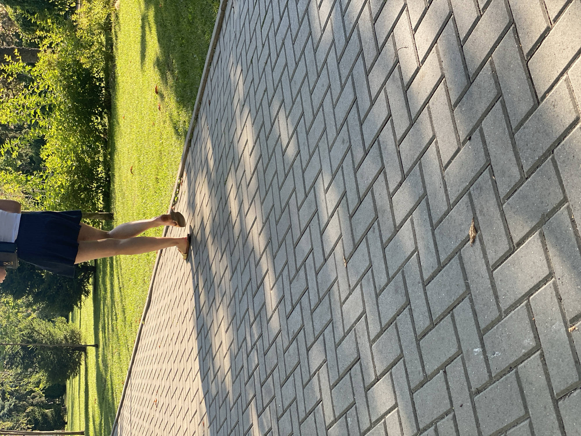 A person walks on a paved pathway in a park in Chișinău, Moldova. The pathway is made of gray interlocking bricks laid in a herringbone pattern. The person, seen from the waist down, is wearing a dark skirt and sandals. They are walking away from the camera, towards the right side of the image. To the left of the pathway is a grassy area with scattered trees and bushes, bathed in sunlight. The overall scene depicts a peaceful outdoor setting in a city park.