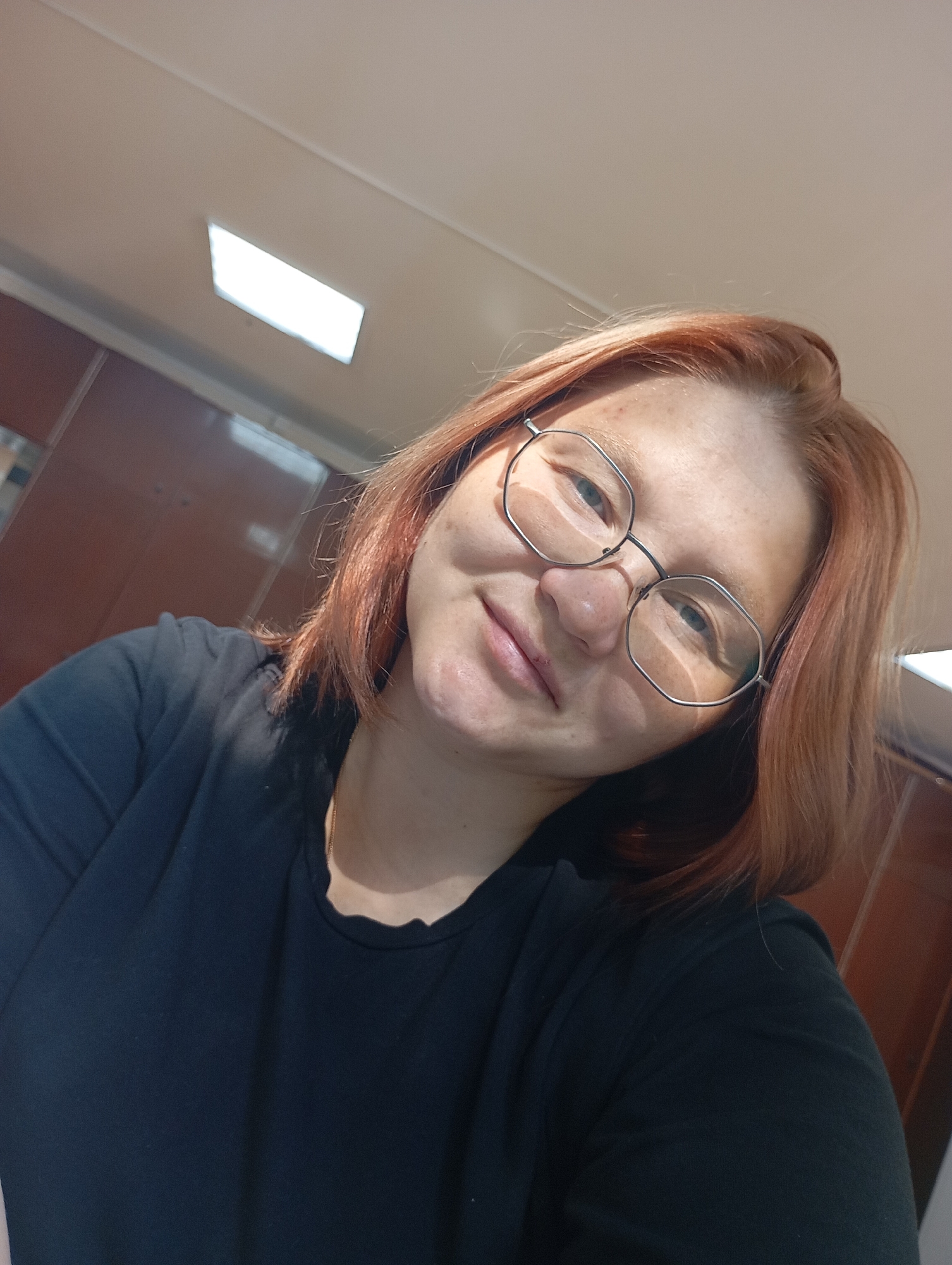 A medium shot selfie of a woman with reddish-brown hair and glasses is taken indoors. She is wearing a black t-shirt and is looking at the camera with a slight smile. Her hair is cut just above her shoulders and appears to be slightly wavy. She is wearing thin-rimmed glasses with a polygonal shape. The background shows a ceiling with a fluorescent light fixture and wooden cabinets. The overall setting suggests an indoor environment, possibly an office or home. The image was taken in Chaikovsky, Russia.
