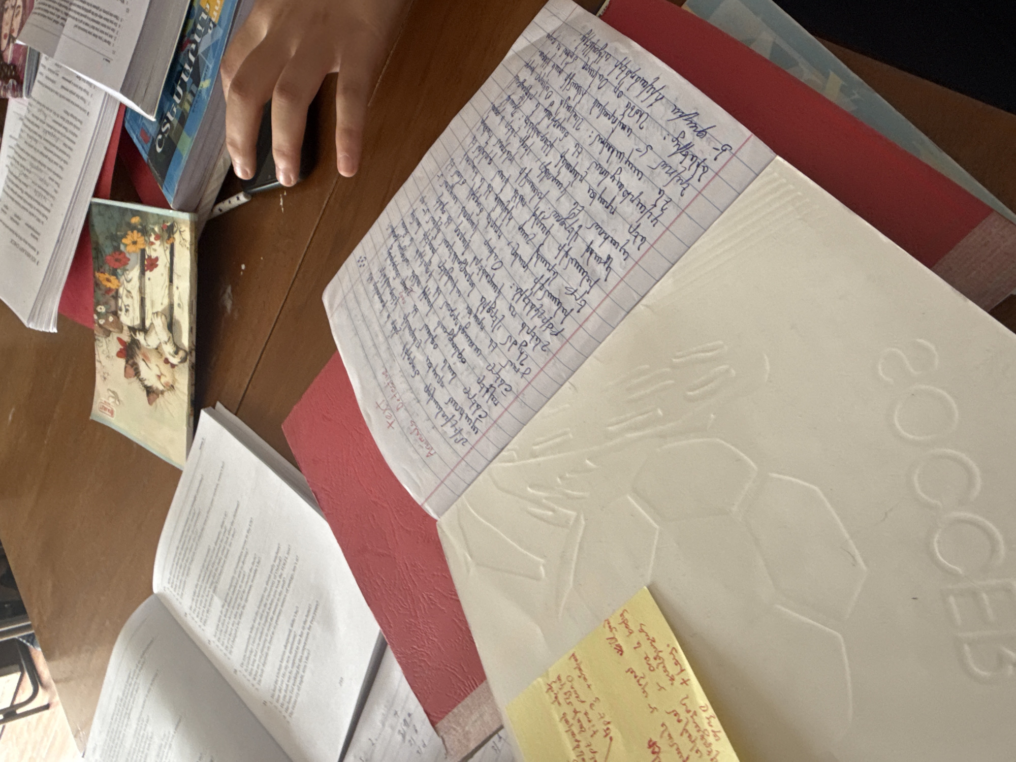 An overhead shot captures a cluttered wooden table, likely in a study or home setting, where academic work is taking place. A person's hand is visible on the upper left, resting near several books.
On the table, an open textbook with English text, featuring questions and answers, is prominent on the lower left. Above it, a blue-covered book with Armenian script on its spine, possibly reading "ՄԱՆՈՒԿ" (Manuk) and other Armenian words, is stacked with other papers.
To the right, a lined notebook is open, filled with extensive handwriting in Armenian script. Visible words include "բժիշկներին" (to the doctors) and a possible date "24/4" or "26/4". The words "Animals Detection text" are written vertically on a red cover beneath the notebook. Beside this, a white embossed surface, possibly a notebook or folder cover, features hexagonal patterns and the word "SOCCER" in large letters. A yellow sticky note partially covers this, displaying handwritten English text such as "elped ner & one la body" and "+ hay."
A small decorative box with an illustration of a cat and flowers is also on the table. The scene suggests a study session, possibly involving multiple subjects or languages, taking place indoors during the daytime.