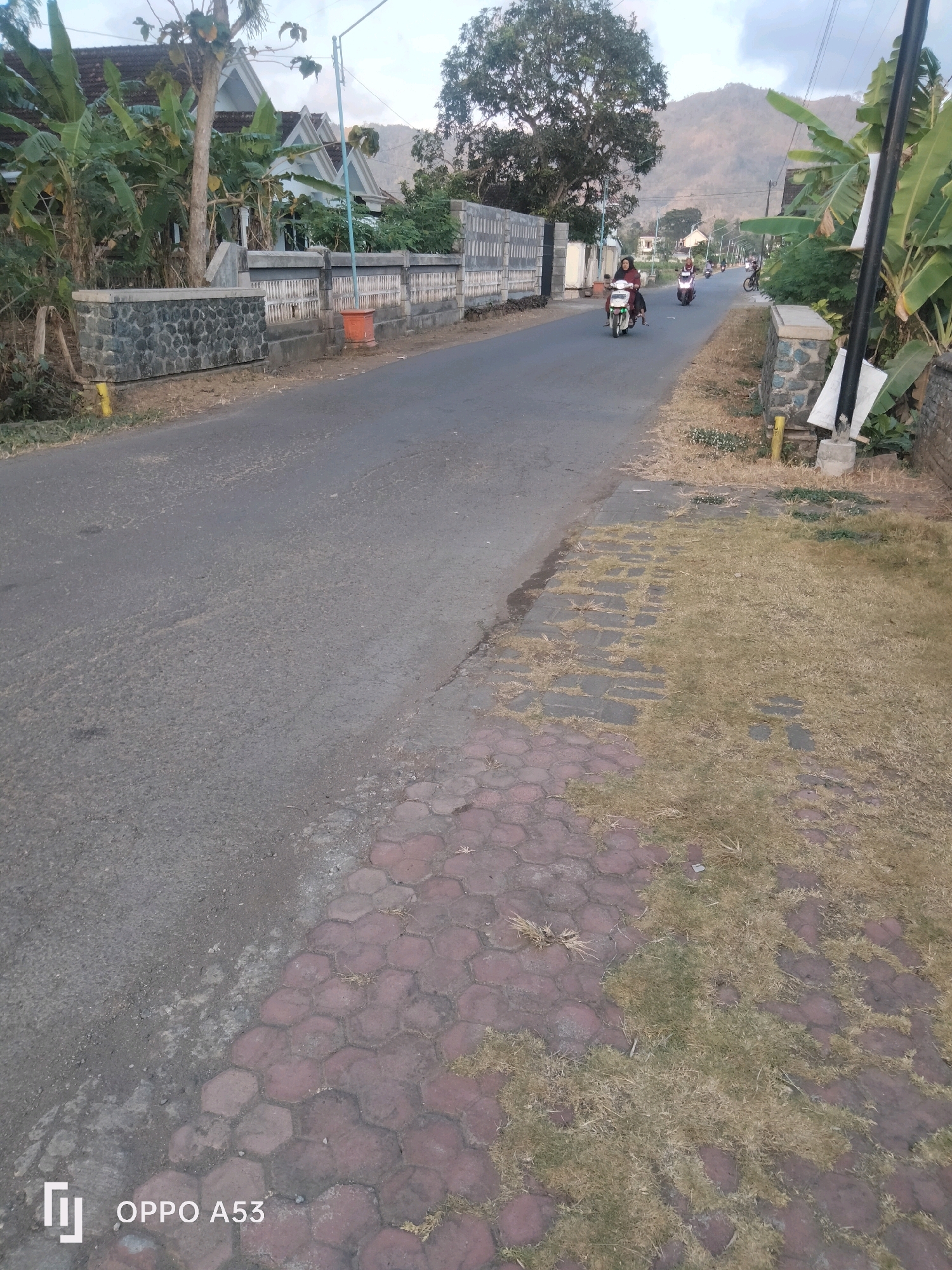 The image depicts a street scene in Ngulanwetan, Indonesia. The road is paved and appears to be an asphalt surface. On the left side of the road, there is a stone wall with a decorative pattern, followed by a white fence with a similar pattern. Behind the fence, houses with white gabled roofs are visible, surrounded by banana trees and other vegetation. A bright orange pot is placed on the side of the road near the fence. Further down the road, several people are riding motorcycles. One person in a red jacket is on a motorcycle in the foreground, and two other motorcycles are visible further ahead. On the right side of the road, a grassy area with sparse dry grass is present, interspersed with hexagonal paving stones. A lamppost stands on the right side of the road. In the background, a large tree with dense foliage and a hilly landscape are visible under a cloudy sky. The image also contains a watermark in the bottom left corner that reads "OPPO A53".