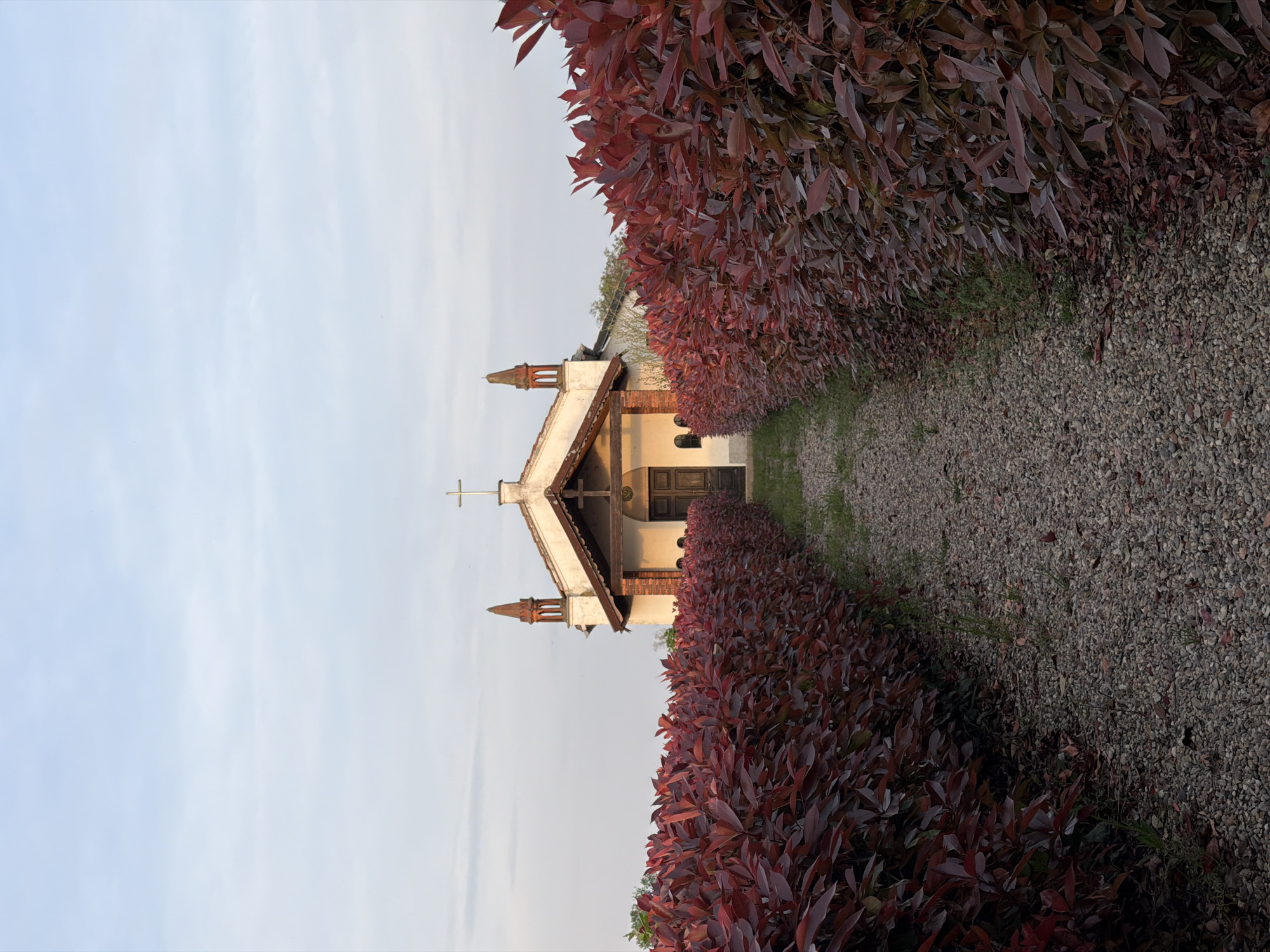 The image depicts a small church located in Milan, Italy. The church has a white facade with a brown roof and a cross on top. It is situated at the end of a gravel path lined with dense red-leaved bushes on both sides. The sky is pale blue with some clouds. No people are visible in the image.