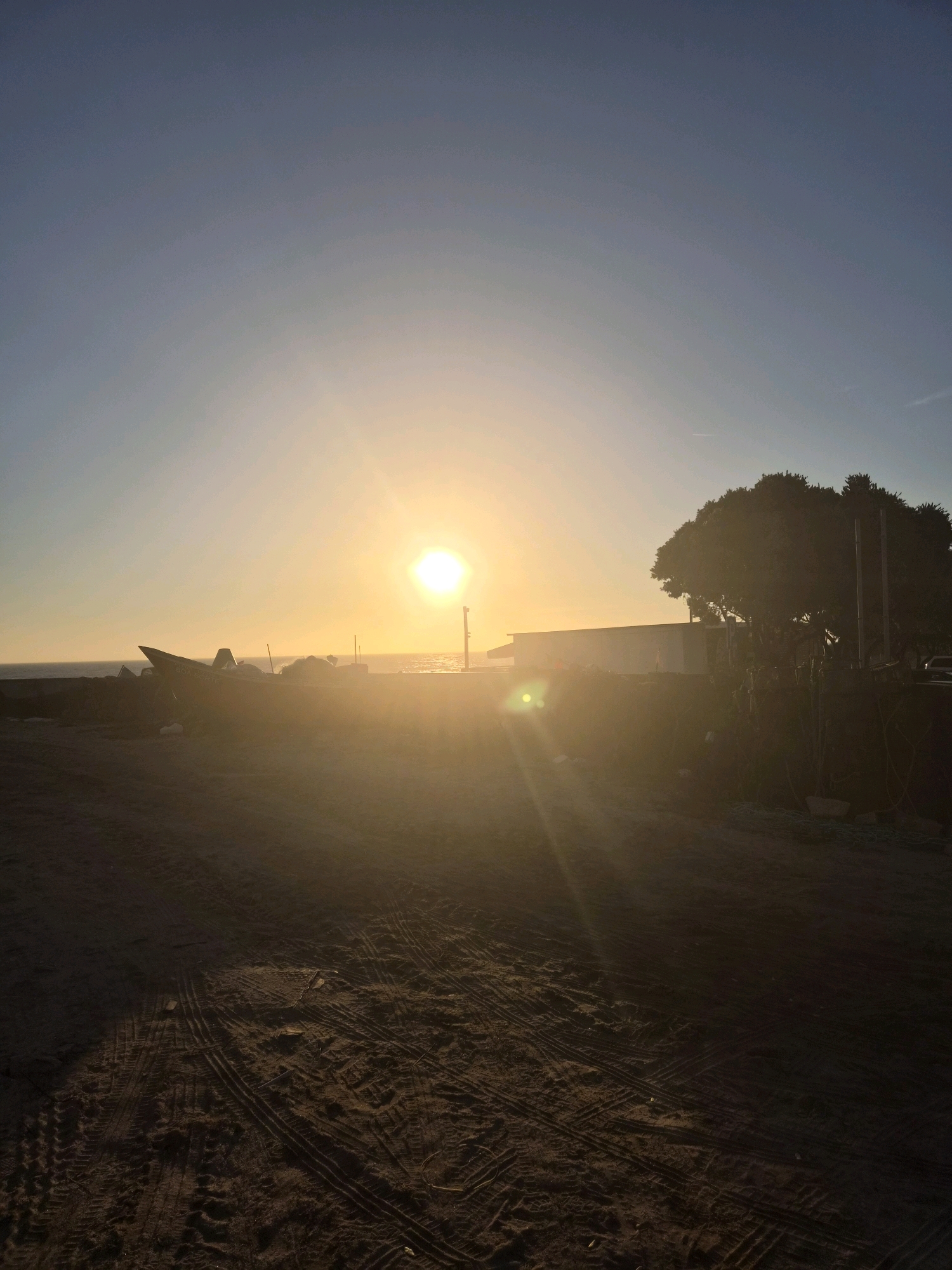 The image depicts a silhouetted scene at sunset, likely in Esposende, Portugal, given the presence of a boat typical of the region and the coastal environment. The sun, a bright, luminous orb, is positioned in the upper center of the frame, casting a warm, golden light across the sky and a lens flare that streaks diagonally downwards. The foreground is dominated by sandy terrain with tire tracks, suggesting it might be a beach or an unpaved road near the coast.
To the left of the sun, a dark, weathered boat rests on the shore. It appears to be a fishing vessel, possibly beached. The boat is silhouetted against the bright sky, with some indistinct objects piled on its deck. In the mid-ground, a low building or structure is visible, also in silhouette. To the right of the building, a large, dense tree stands, its foliage forming a dark mass against the fading light. Several vertical poles or slender structures are also present near the tree.
The sky transitions from a deep blue at the top to a lighter, warmer hue closer to the horizon, indicating the sun is low in the sky, either rising or setting. The overall mood is serene and tranquil, with the natural beauty of the sunset enhanced by the stark silhouettes of the man-made elements and the natural landscape. The environment appears to be coastal, with a hint of the sea visible in the distance.