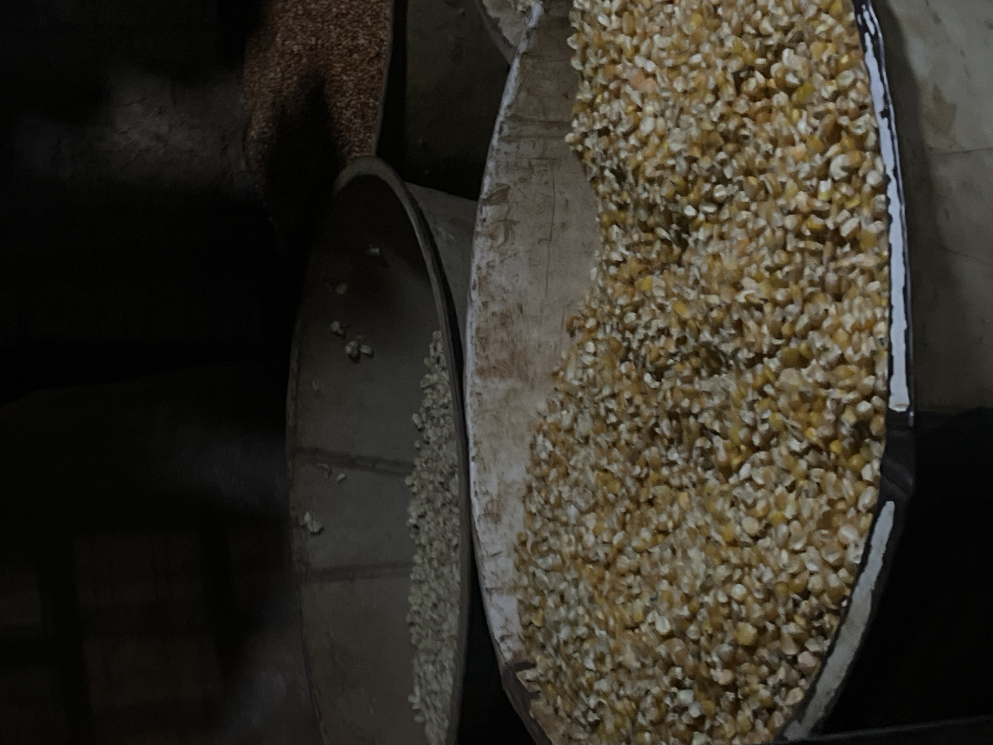 The image shows a close-up of three containers filled with grain. The container on the right is full of yellow corn kernels. The middle container has smaller, less-defined grain, and the left container contains a sparse amount of small grain. The containers appear to be made of metal and are weathered or worn. The background is dark, suggesting a storage area. There is no information in the image to identify the location as Abuja, Nigeria, or any people, subjects, actions, or interactions.