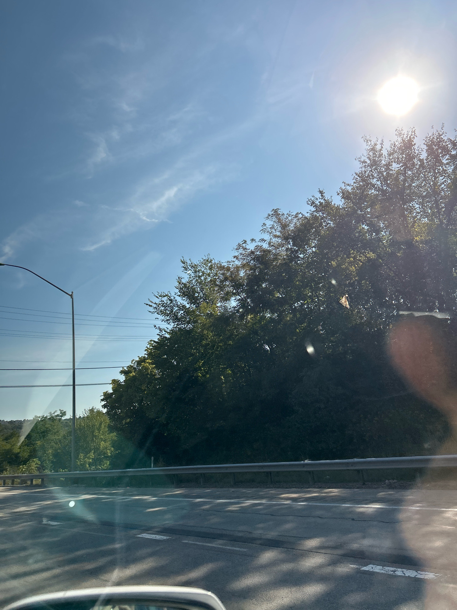 The image is a daytime outdoor shot, likely taken from a vehicle, looking towards a clear blue sky with scattered wispy clouds. The sun is prominently visible in the upper right quadrant, casting a bright glare. In the middle ground, a dense line of green trees forms a backdrop. A street light on a pole with utility lines is visible to the left, near the trees. The foreground shows a paved road with lane markings and shadows of trees cast across it. A metal guardrail runs along the edge of the road. The overall environment suggests a roadside scene in a semi-urban or suburban area, with natural elements like trees and the sky dominating the view. There are no people visible in the image. The scene appears to be in Collier Township, Pennsylvania, United States of America.