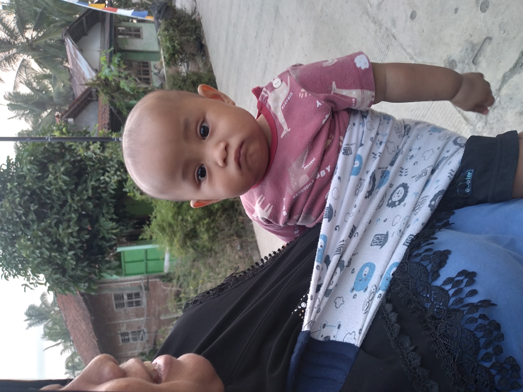 A young child with a bald head and dark eyes is held by an adult wearing a black hijab. The child is wearing a pink shirt with a pattern of animals and text. A white fabric with blue illustrations of animals is wrapped around the child and the adult, functioning as a baby carrier. The adult's face is partially visible on the left side of the frame. In the background, there are houses with red tile roofs and green doors, surrounded by lush vegetation and palm trees, indicative of a tropical or subtropical environment. The scene appears to be a residential area in Pandak, Indonesia, with a paved walkway in the foreground.