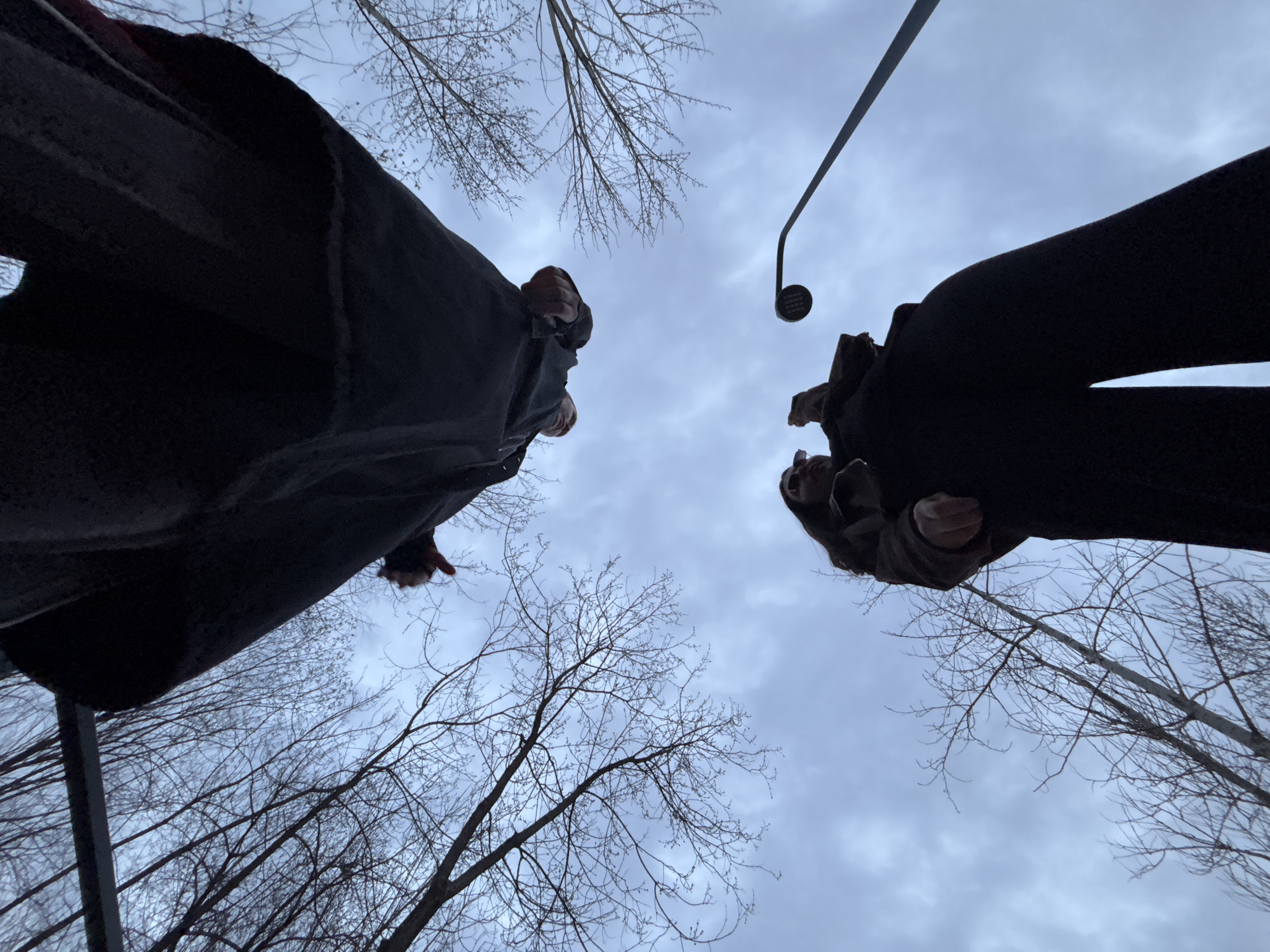 The image is a low-angle shot taken outdoors, likely in Perm, Russia, during the late fall or winter, as evidenced by the bare tree branches against a cloudy sky. Two individuals are partially visible, standing close to the camera. The person on the left wears a dark coat with a hint of red near the collar, while the person on the right also wears a dark coat. Their faces are partially visible. A lamp post stands between them. The background includes bare tree branches silhouetted against a gray, overcast sky.