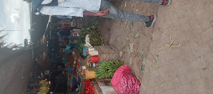 The image shows a bustling market scene in Kitengela, Kenya, at coordinates -1.47 latitude and 36.959 longitude. The market is situated under a large, brown, canvas awning, which provides shade from the sun. There are numerous vendors selling fresh produce, including bananas, tomatoes, potatoes, and leafy greens. Several shoppers are visible, browsing the wares and interacting with vendors. The ground is dusty and uneven, with scattered debris and leaves. A man wearing a striped shirt and jeans walks past the stalls, his face obscured by a white hooded sweatshirt. He is the only person clearly identifiable. The image captures the vibrant energy of a typical African marketplace, with a focus on the everyday activities of buying and selling fresh produce.
