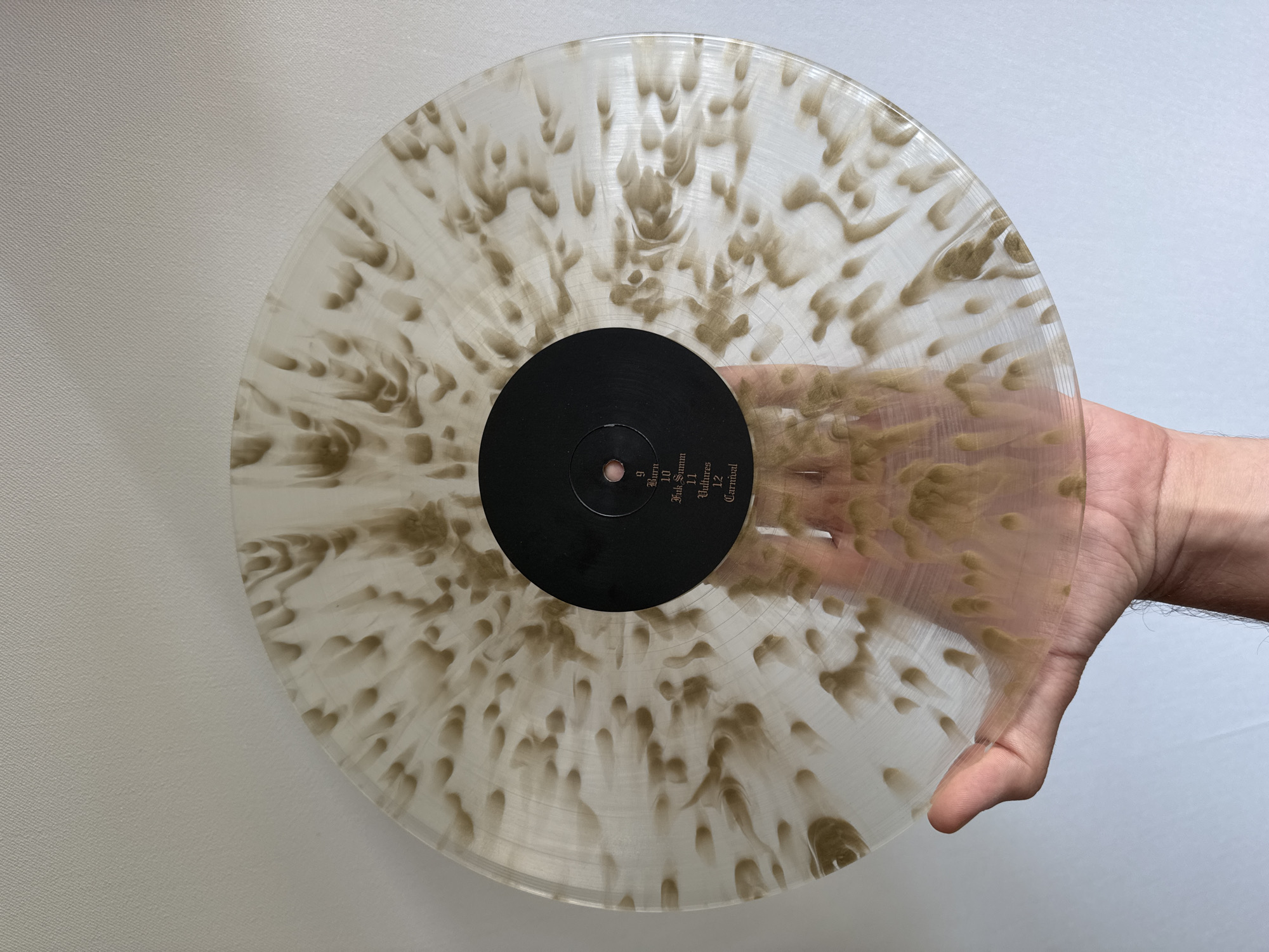 The image shows a close-up, top-down view of a person's hand holding a vinyl record. The record is clear with speckled brown and white marbling. The center label is black with white text that appears to be song titles and track numbers. The hand holding the record is light-skinned and appears to be an adult. The background is a plain, light-colored wall. The lighting suggests an indoor setting during the daytime. There are no overt indications of the specific location being Moscow, Russia, as the background is generic. The image focuses on the vinyl record and the hand holding it, with no other people or significant objects present. The activity is simply holding the record. The notable details are the marbled design of the record and the text on the center label.