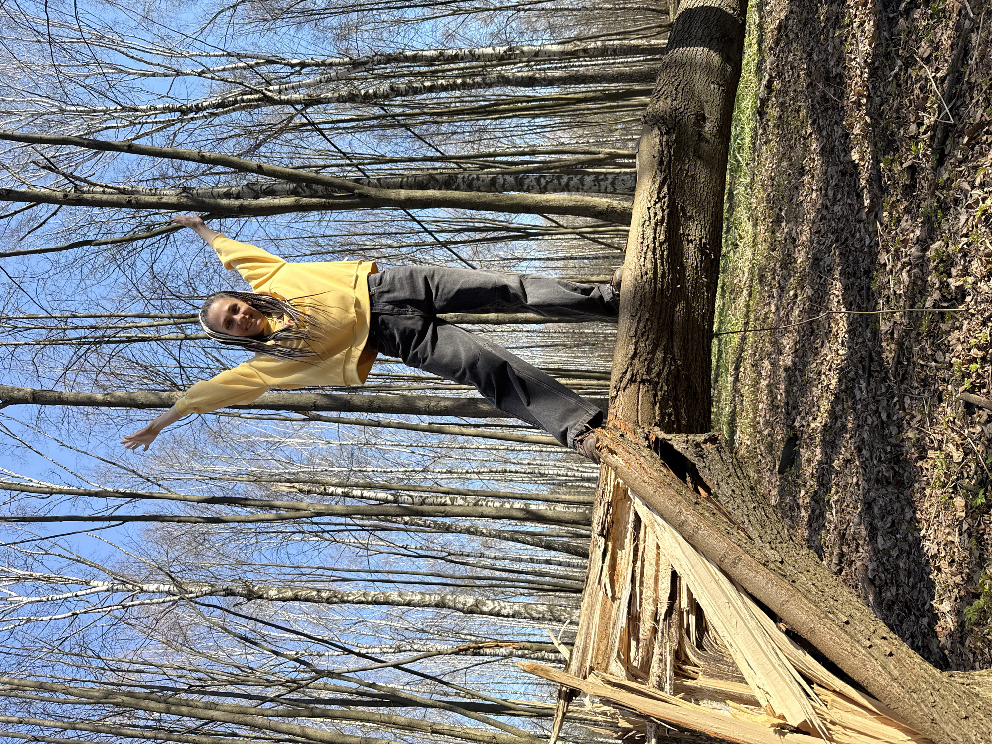 The image shows a person with long dark hair, wearing a yellow sweater and dark pants, lying horizontally on a broken tree trunk in a forest. The person has their arms outstretched. The tree trunk is splintered and broken at the base. In the background, there are numerous bare trees against a blue sky. The presence of fallen leaves and undergrowth suggests a woodland environment. While not confirmed, this is claimed to be taken in Rusanovo, Russia.