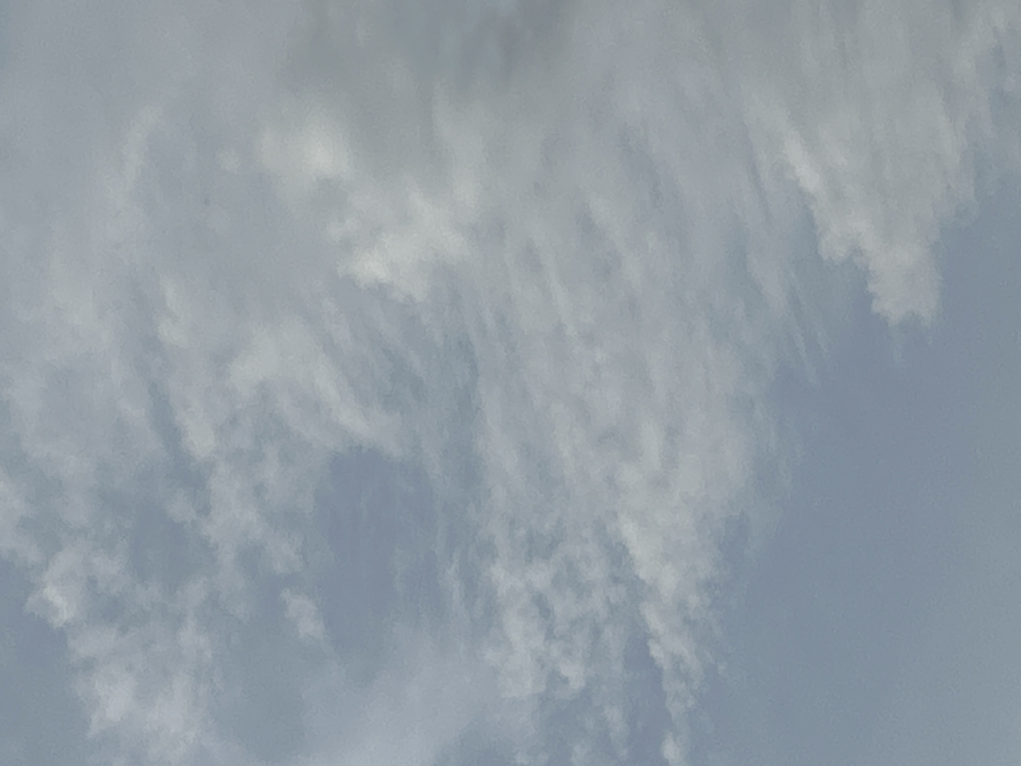The image shows a cloudy sky. The clouds are varied in texture and density, with some appearing wispy and translucent, while others are more opaque. The overall color palette is dominated by shades of gray and white, with a faint hint of blue sky peeking through in some areas. There are no people, subjects, or objects visible in the image. The scene is purely natural, depicting a sky typical of an overcast or partly cloudy day. The location in Santa Ana, Venezuela is not discernible from the image itself.