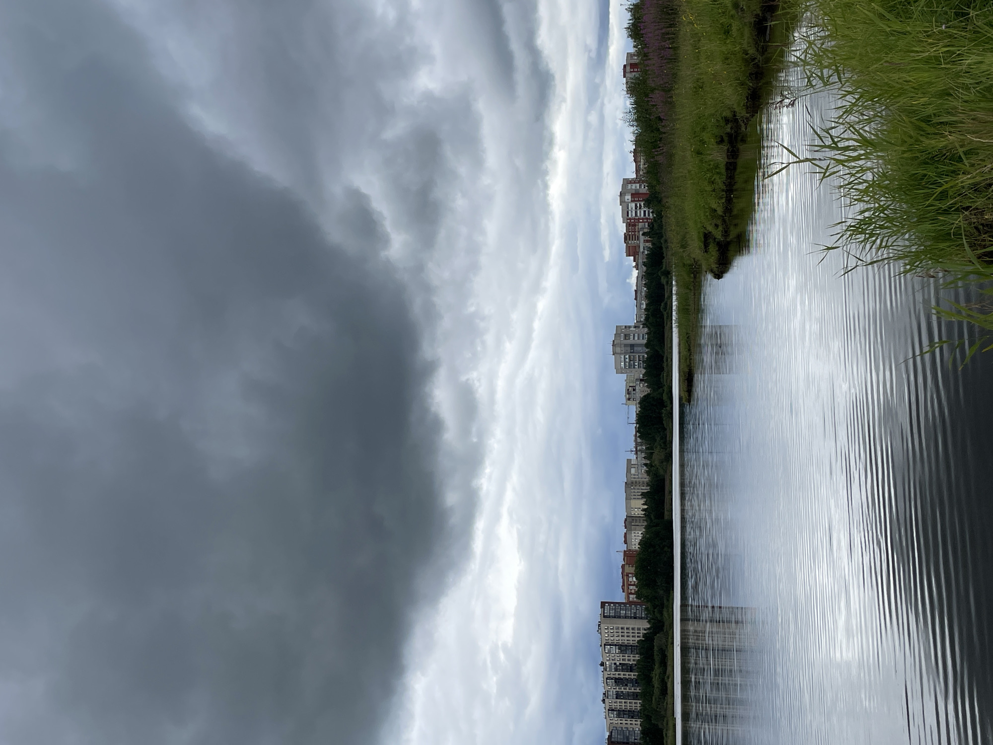The image depicts a natural scene with a body of water in the foreground, reflecting the sky. The sky is overcast with heavy, dark clouds. Beyond the water, there is a line of trees separating the water from a cityscape. The city appears to be populated with multi-story residential buildings of varying architectural styles. The buildings are situated amongst greenery, suggesting a mix of urban and natural elements. On the right side of the image, a grassy embankment with some flowering plants slopes down to the water. The overall atmosphere is subdued due to the cloudy sky. This scene is located in the city of Severodvinsk, Russia.
