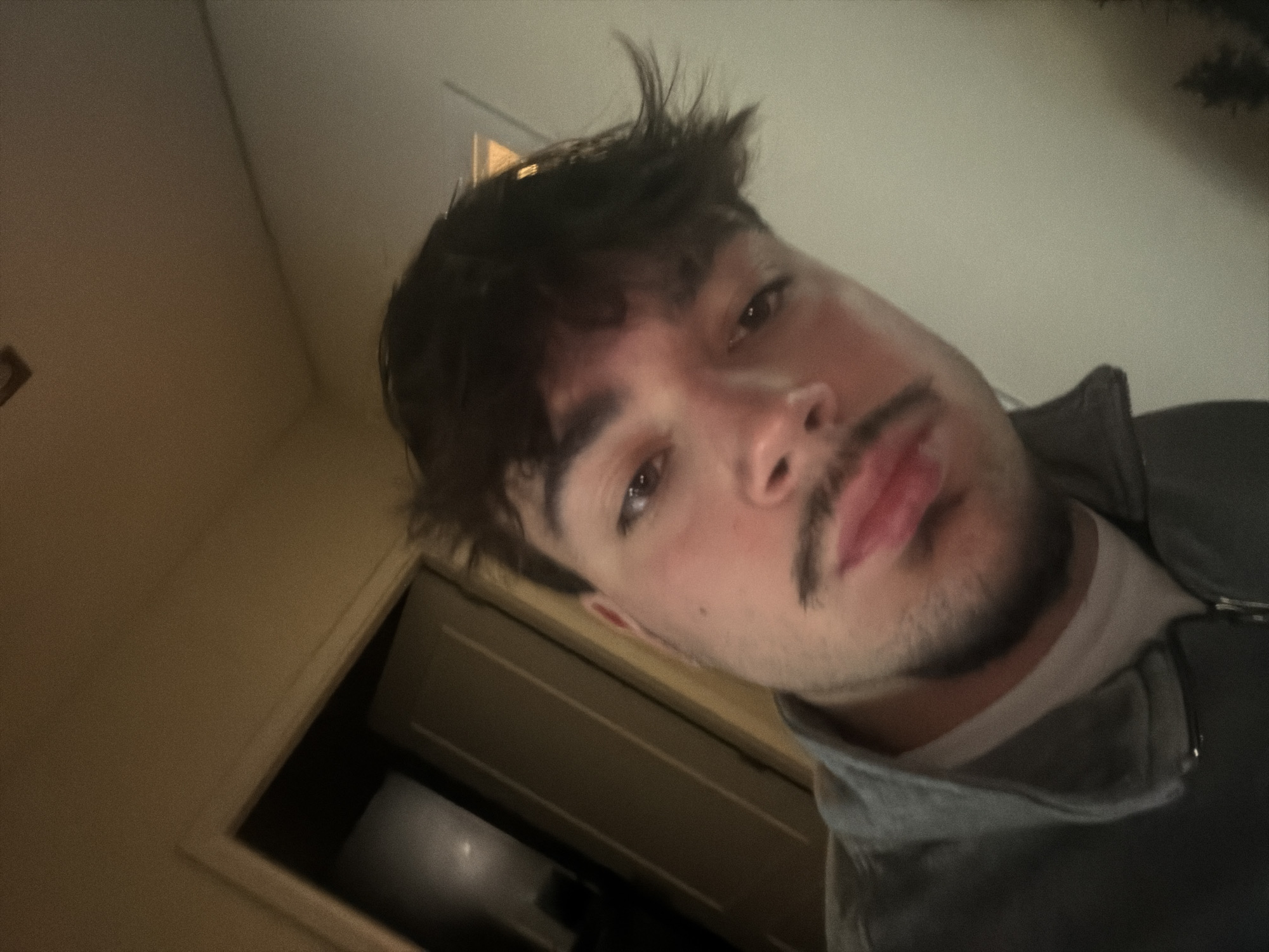 A selfie taken indoors by a young man. He has brown hair, brown eyes, and a mustache. He's wearing a white t-shirt underneath a grey zip-up jacket. Behind him is a doorway with a visible interior. The walls are light-colored, possibly beige. The image is taken at an upward angle. There is no evidence of this photo taking place in Vila Real, Portugal.