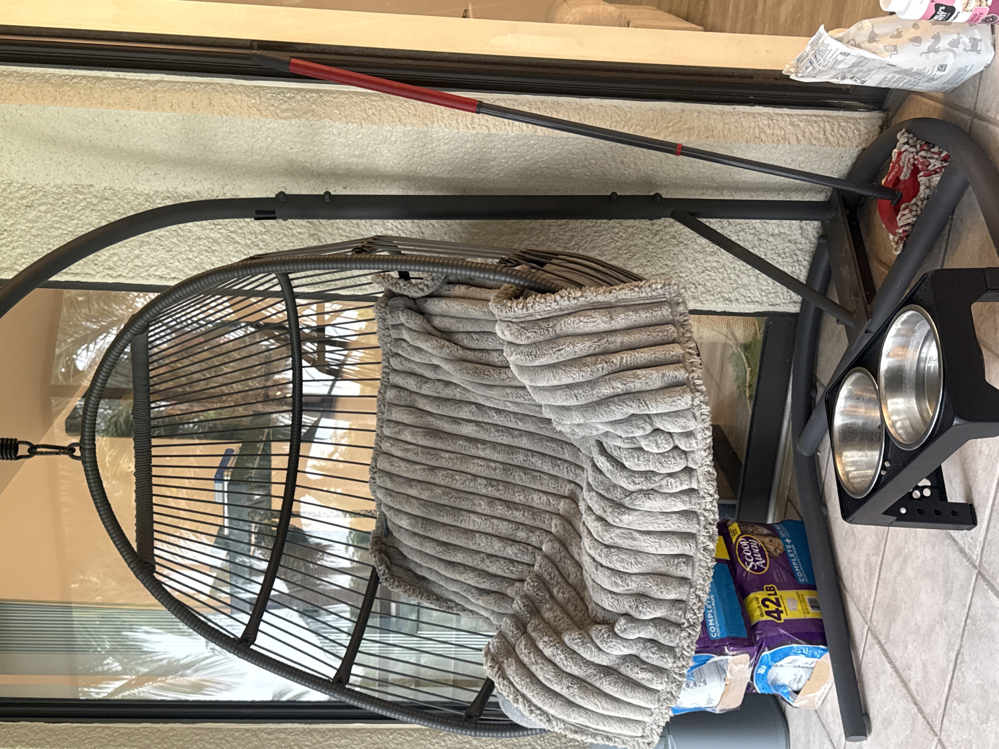 This image depicts an outdoor patio area, likely in Boca Raton, Florida, given the presence of palm trees reflected in the glass doors and the light, textured stucco wall. The focal point is a dark, modern hanging egg chair, draped with a plush, gray blanket. Beneath the chair, stacked bags of pet litter are visible, one labeled "SCOOP AWAY" and "42 LB". To the right of the chair's stand, a red-handled mop rests against the wall, its cleaning head positioned on the tiled floor. In the foreground, a black stand holds two stainless steel pet bowls, one of which appears to be slightly used. A white bag of pet food sits near the mop, with a pink bottle of pet medication or supplement visible to its right. The overall scene suggests a residential outdoor living space, possibly a balcony or patio of an apartment or condominium.