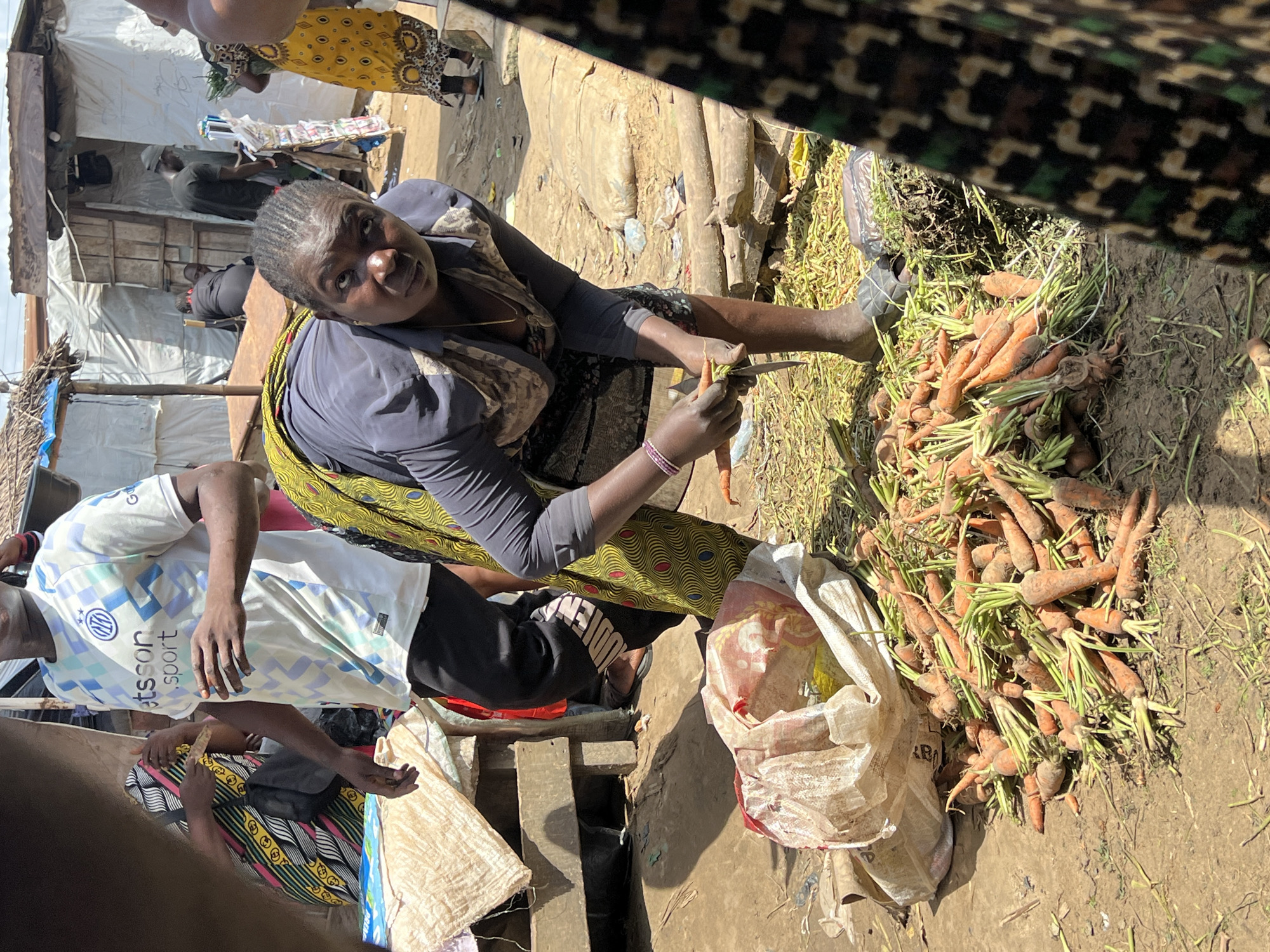 In Oko Amakom, Nigeria, a woman is hunched over a pile of carrots on the ground, preparing them for sale. She is using a knife to trim the carrots, her movements focused and efficient. Her attire consists of a dark grey top and a patterned skirt with shades of yellow and green. Beside her, a white sack lies open, spilling out more carrots, suggesting a bountiful harvest. The ground is dusty and uneven, characteristic of an outdoor market.
The scene is bustling with activity, though the focus remains on the woman and her task. In the background, other individuals can be seen engaged in various activities, some interacting with stalls and others simply present in the marketplace. The overall environment appears to be a vibrant, outdoor market, filled with the energy of commerce and daily life. The presence of makeshift structures and hanging fabrics suggests a temporary or open-air market setup. The lighting indicates it is daytime, with sunlight casting shadows on the ground.