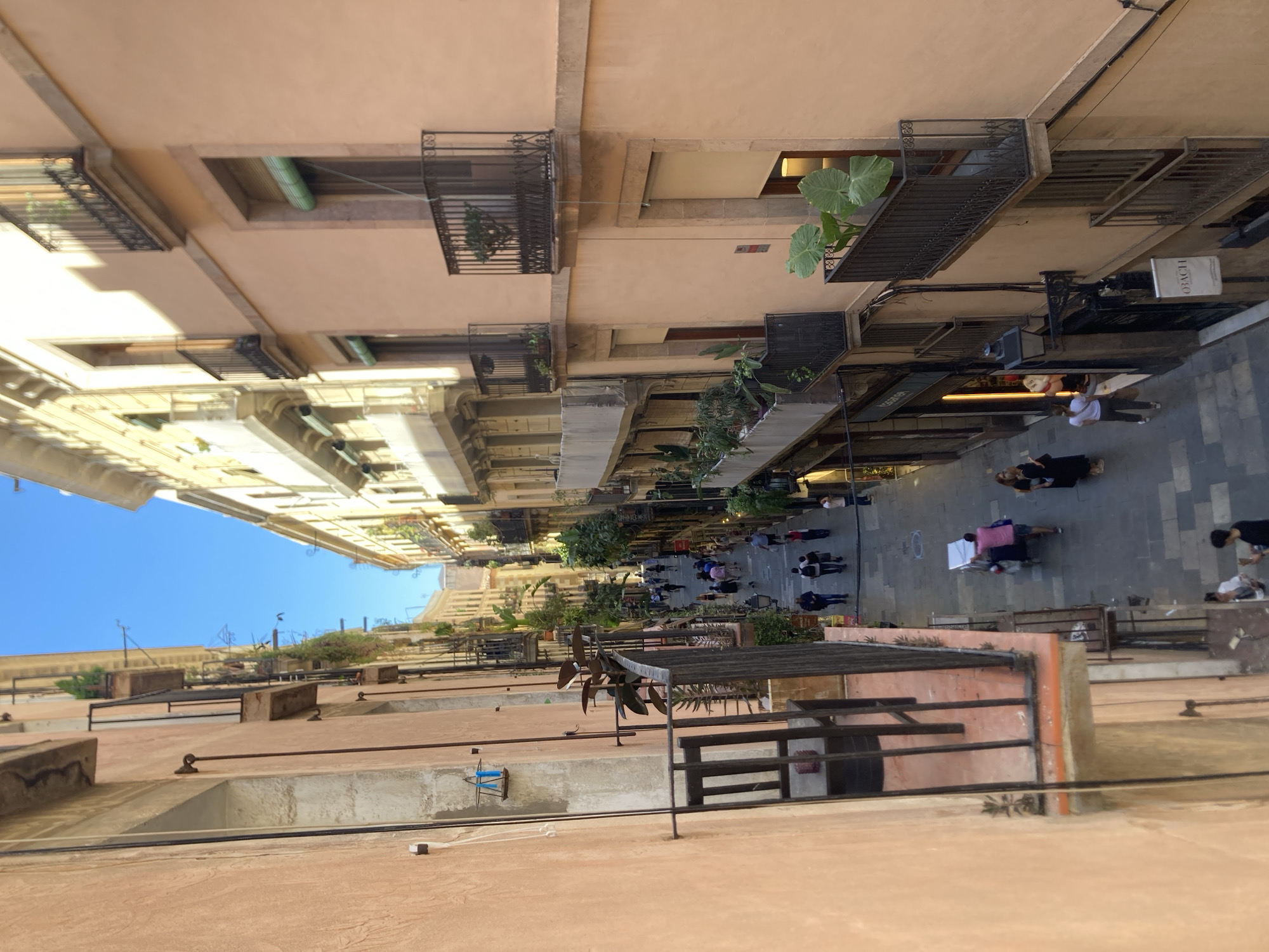 The image shows a street scene in Barcelona, Spain, viewed from an elevated perspective, possibly from a rooftop or high balcony. The street is lined with buildings with traditional architecture, including balconies with wrought iron railings and numerous plants. People are walking along the pedestrianized street, suggesting it's a popular area for shopping or tourism. The sky is blue, indicating a sunny day. The overall scene conveys a lively urban environment within a historic European setting.