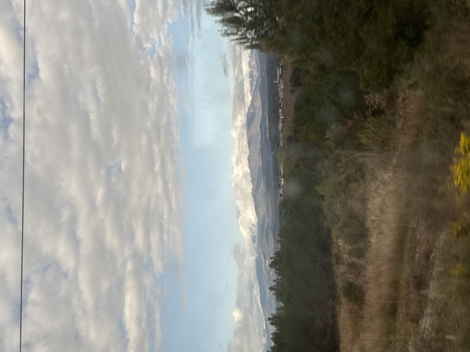 The image displays a wide landscape view, likely captured from a moving vehicle or through a window, near Tresserre, France. The scene is dominated by a distant mountain range in the background, featuring snow-capped peaks partially obscured by clouds. Below the mountains, a vast expanse of dark green coniferous trees forms a dense forest. In the middle distance, beyond the forest, several structures with reddish-brown roofs and a tall, slender white industrial chimney or tower are visible, indicating human settlement or activity. The foreground consists of natural terrain; to the left, dry, light brown fields with tall grass and sparse vegetation are present, while to the right, darker green trees and scrubland can be seen. Yellow flowering plants are present in the lower left, slightly out of focus. The sky above is partially overcast with numerous white cumulus clouds against a blue background. A thin, dark linear element, likely an overhead wire, traverses the top section of the image horizontally. Reflections are evident across the image surface, along with several circular smudges or droplets on the viewing medium. No individuals are depicted.