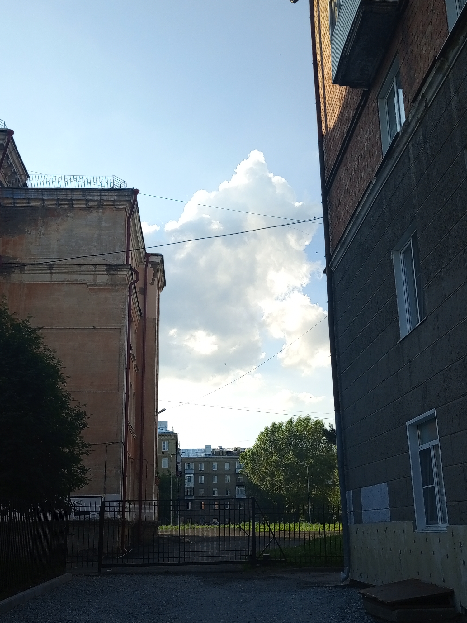 This vertically oriented image captures an outdoor scene on a bright, partly cloudy day, likely in the late afternoon given the angle of the sun. The perspective is from ground level, looking upwards and slightly between two buildings.
On the left, a tall, old, beige building with ornate architectural details is partially visible, showing part of its facade and the top of a fence. On the right, a dark, modern building with a brick and grey concrete exterior dominates the right side of the frame. It features multiple windows, some of which are white-framed. A dark balcony or overhang juts out from the brick section of this building.
Between the two buildings, the sky is a clear blue with a large, dramatic cumulus cloud formation. In the distance, beyond a black metal gate and a patch of green grass, is another residential building with a light-colored facade and many windows. A large, leafy green tree is prominent in the mid-ground, to the left of the distant building.
The scene is devoid of people, but several small, dark shapes, likely birds, are visible against the sky and clouds. Overhead power lines crisscross the sky, adding to the urban or suburban feel of the location. The ground in the foreground appears to be gravel. The overall impression is one of a typical residential area in a city. There is no visible text in the image.