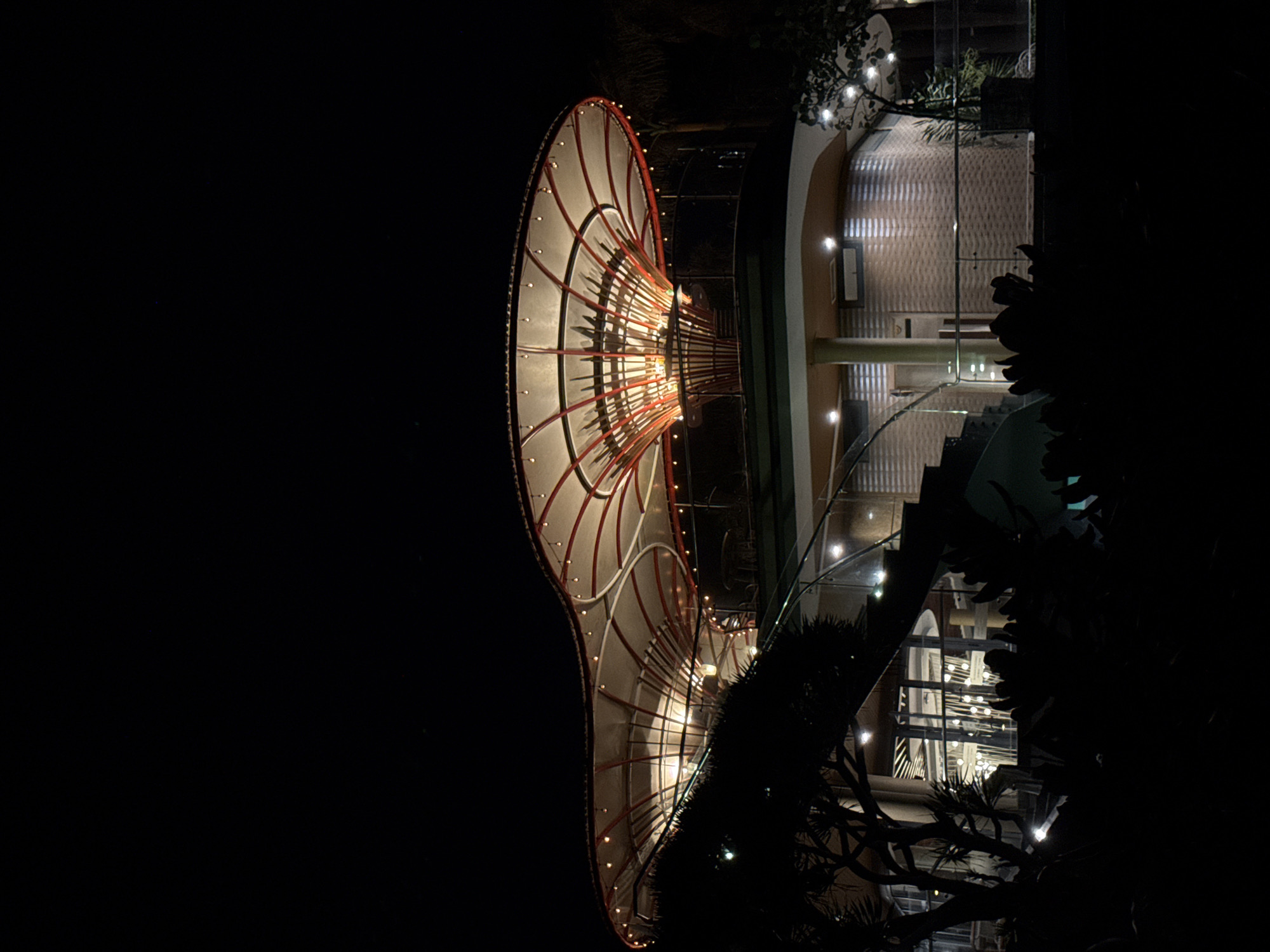 The image depicts the Helix Bridge in Đà Nẵng, Vietnam at night. The bridge's distinctive spiral structure is illuminated with warm-toned lights along its edges and interior supports. To the right of the bridge, a building with a glass facade is visible, lit internally with a patterned light effect on the walls. The foreground is obscured by dark foliage, which partially frames the view of the bridge and building. The sky is black.
