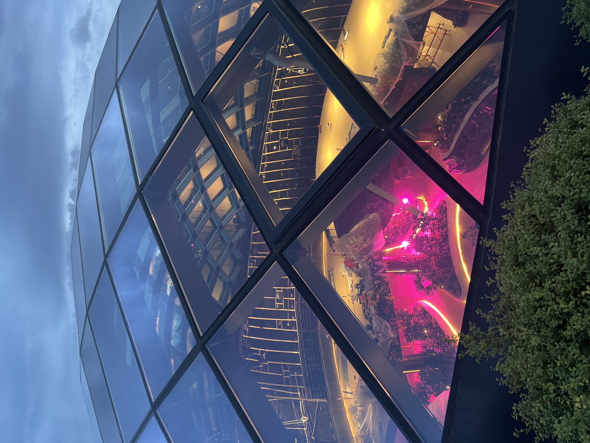 The image shows a geodesic dome structure at dusk with a cloudy sky overhead. The dome is made of large, rectangular glass panels framed by dark metal. Inside the dome, a circular walkway illuminated by warm yellow and pink lights winds through a garden area. The pink lighting highlights lush vegetation and some decorative elements. In the background, the interior structure of the dome is visible, including scaffolding and wooden framing, suggesting that the space might be under construction or renovation. A section of green foliage is visible in the foreground, partially obscuring the lower part of the dome. This structure is located in the city of Krasnodar, Russia.