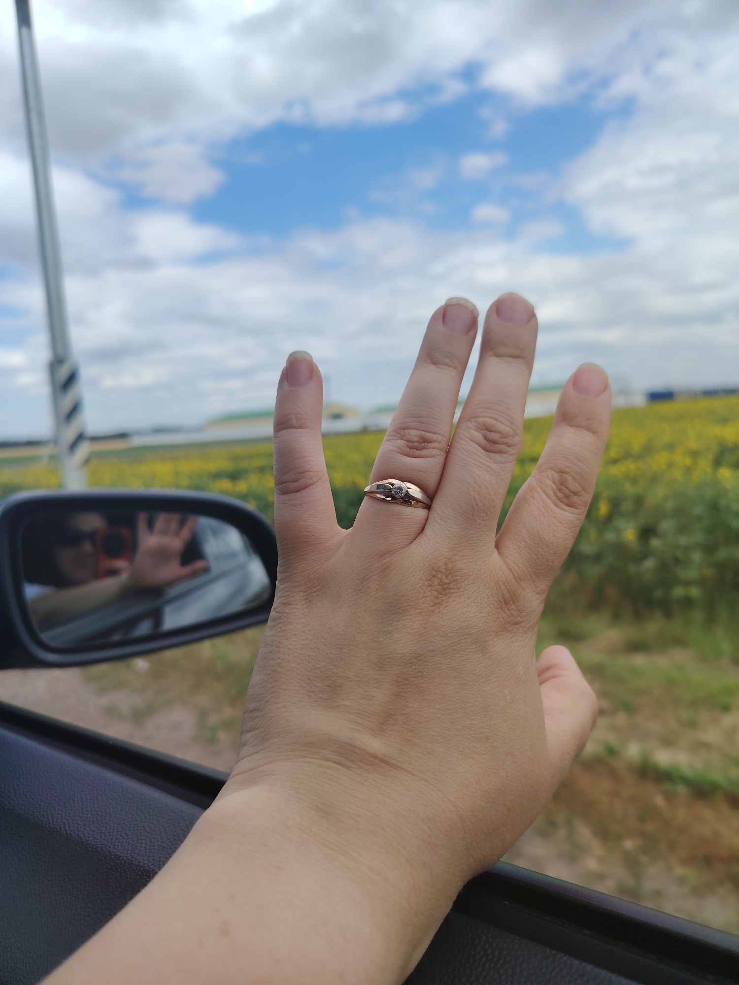 In the foreground, a person's hand with a ring on their ring finger is held up, with four fingers extended and the thumb bent. The hand is positioned near a car's open window, with the dark interior of the car visible at the bottom of the frame. The background shows a vast field of yellow flowers, likely sunflowers, under a partly cloudy sky with blue patches. A white pole with a black and white striped section is on the left side of the image. In the car's side mirror, a reflection of a person wearing sunglasses and holding a red camera is visible, with their hand raised in a wave or gesture. The scene appears to be set in Tselina, Russia, given the expansive fields of sunflowers common in the region during the summer months.