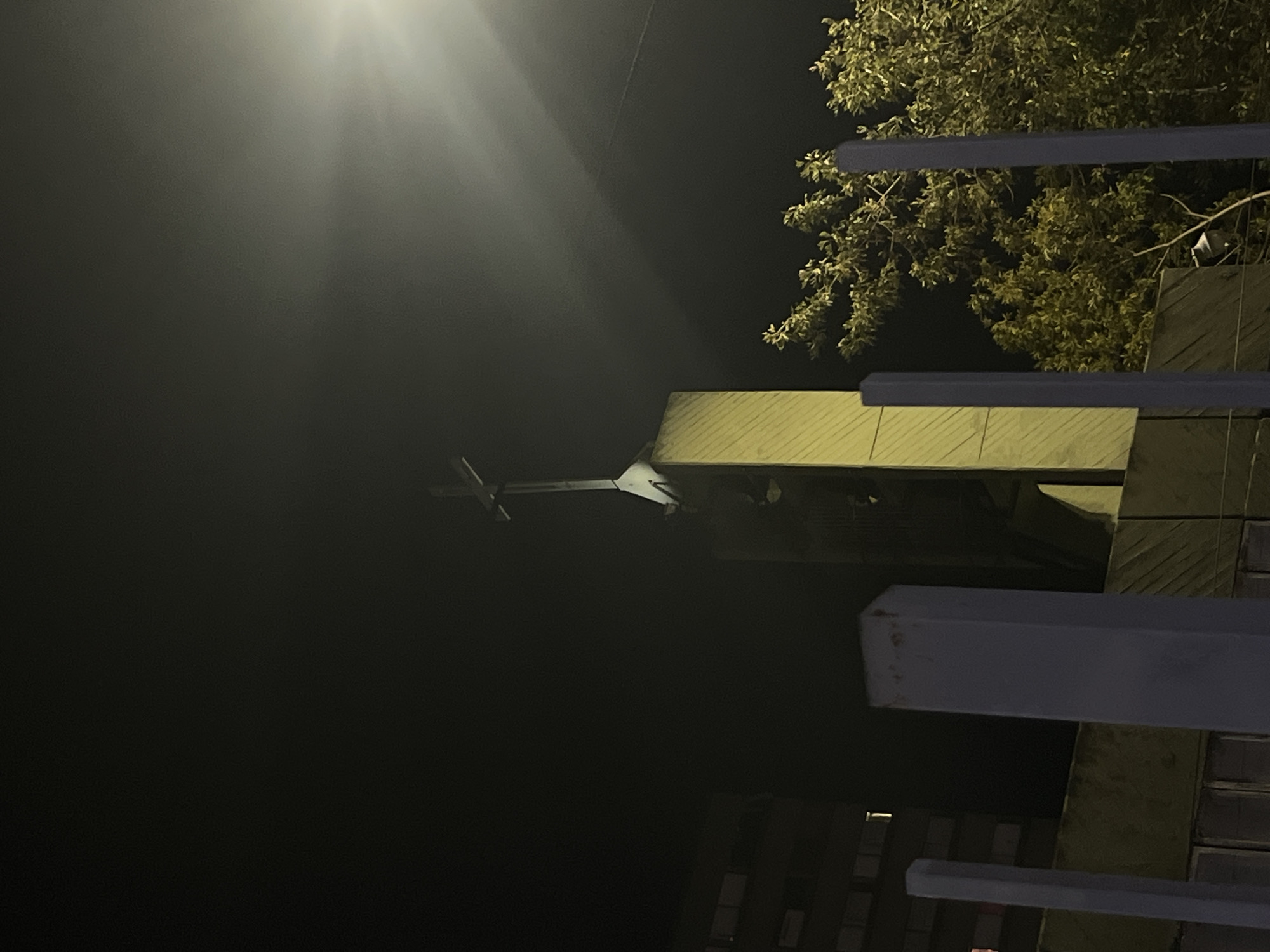 This nighttime image depicts an urban landscape, likely in Buenos Aires, Argentina, characterized by deep shadows and artificial light sources. A prominent bright, diffused light, possibly a streetlamp or floodlight, emanates from the upper left, casting rays across the dark sky.
In the mid-ground, a tall, slender structure, resembling a steeple or tower topped with a cross, rises, its form partially illuminated. Adjacent to this, a building section with a distinct yellowish-green, possibly metal or corrugated, roof is visible, catching the light. To the right and above this structure, the dense canopy of a tree is noticeable against the dark backdrop, its leaves showing hints of green.
The foreground features several dark, rectangular beams or bars, positioned horizontally, which appear to be structural elements of an overhead awning or another building, partially obscuring the view. In the lower-left portion of the frame, the faint silhouette of another building with discernible windows merges into the deep darkness.
The overall scene is static, with no visible people or discernible activity. The time of day is clearly night, and the absence of clouds or precipitation is suggested by the clear light rays. The dominant colors are deep blacks and grays, contrasted by the soft glow of the artificial light and the muted yellowish-green tones of the illuminated roof and foliage. No visible text is present in the image. The mood is tranquil and somewhat solemn, emphasizing the interplay of light and shadow in an urban setting after dusk.