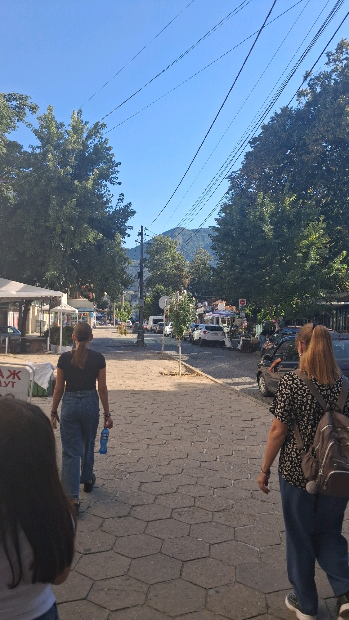 The image captures a street scene in the city of Gotse Delchev, Bulgaria. The view is from behind two women walking away from the camera down a sidewalk paved with hexagonal stones. The woman in the foreground on the right wears a black and white patterned top, blue pants, and a grey backpack. The woman on the left wears a black t-shirt, blue jeans, and is holding a blue bottle. Another person's back, with dark hair and wearing a white top and blue jeans, is visible on the far left of the frame, partially obscuring the sidewalk.
The street is lined with trees on both sides, and shops with awnings are visible. There are parked cars on the right side of the street, and a road with traffic further down. In the background, a mountain range is visible under a clear blue sky. The overall impression is that of a typical sunny day in a town.
