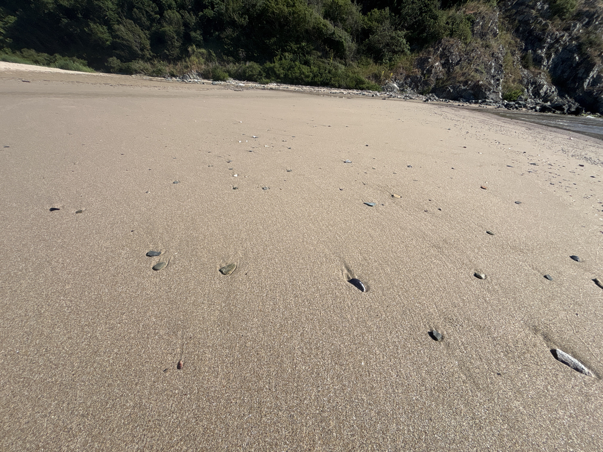 The image depicts a sandy beach with gentle waves lapping the shore. Lush green foliage covers the hillsides in the background, with rocky outcrops visible on the right side. The sand is speckled with small pebbles and shells. The scene is tranquil and natural, suggesting a secluded coastal location. This is likely the beach in Rezovo, Bulgaria, a small village known for its rugged coastline and natural beauty.