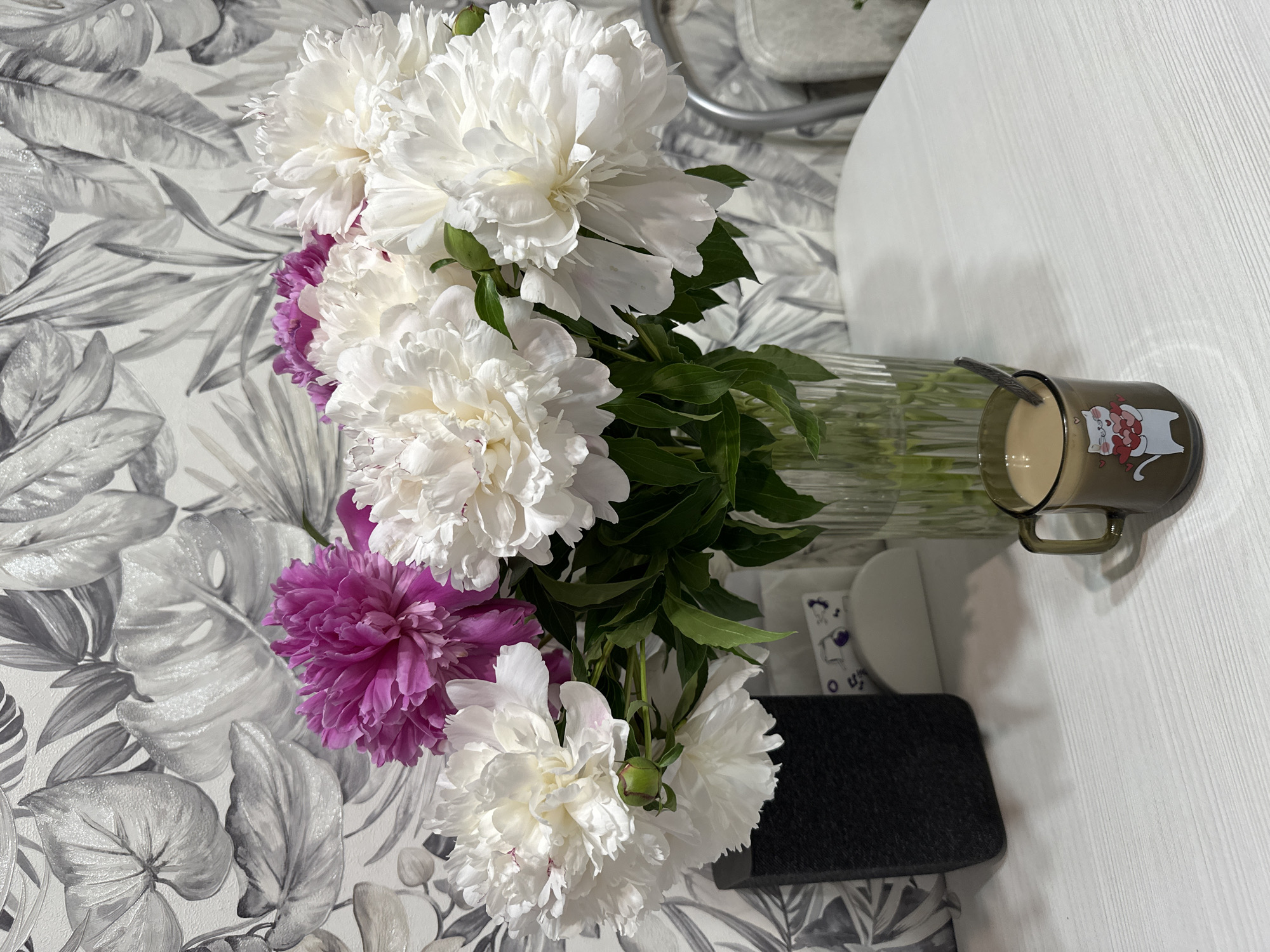The image presents an inviting domestic still life, with the original photo appearing rotated 90 degrees clockwise. A vibrant bouquet of peonies dominates the left side, featuring numerous large, fluffy white blooms interspersed with a few striking fuchsia/magenta peonies. These flowers, with their green leaves and stems, are arranged in a clear glass vase.
To the right of the vase, on a white table with a subtle wood grain texture, rests a brown-tinted transparent mug. The mug contains a light, creamy beverage, likely coffee or tea with milk, and a spoon is visible within it. The mug itself features a charming illustration of a white cat surrounded by pink hearts.
The background consists of a patterned surface, possibly wallpaper or a tablecloth, depicting large, stylized tropical leaves in various shades of grey and white. In the foreground, near the base of the vase, a dark rectangular object (possibly an electronic device or small mat) and a white circular object (like a coaster or plate) are visible. A small white item with faint purple markings is also present.
The lighting appears soft and even, suggesting an indoor setting and contributing to a serene and comfortable atmosphere, indicative of a quiet moment, perhaps a morning or afternoon break. The location context provided is Chaikovsky, Russia.