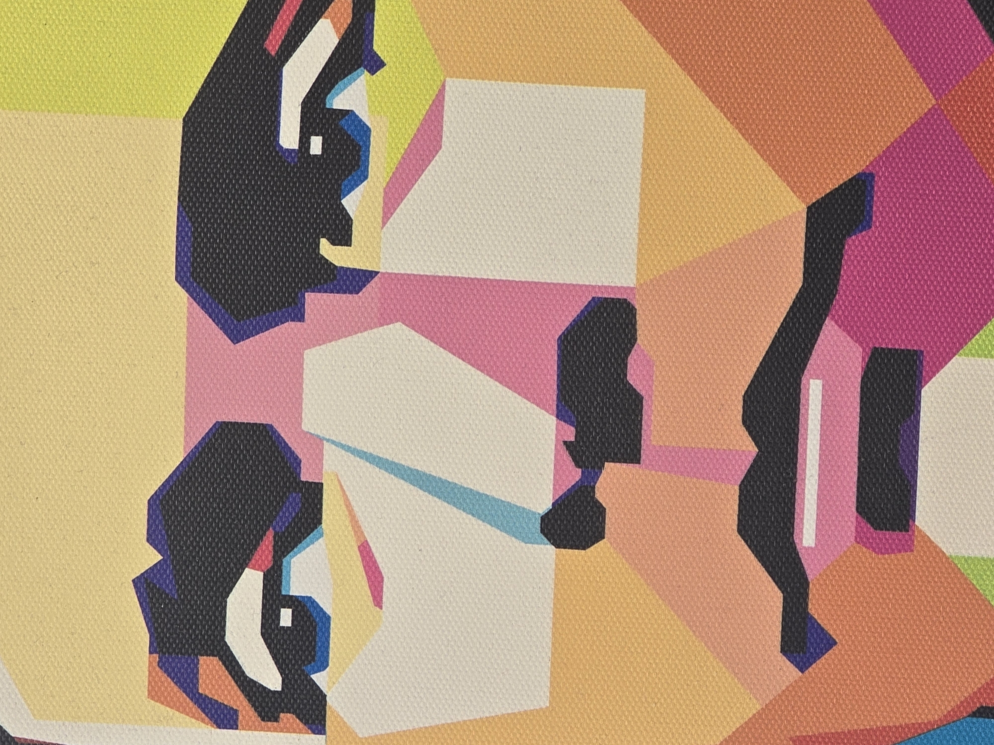 The media file showcases a vibrant and abstract artwork, possibly a painting or print on canvas, given the visible woven texture. The image is composed entirely of sharp, geometric shapes and bold color blocking. Dominant colors include bright yellow, various shades of orange, hot pink, black, white, light blue, and hints of purple and lime green.
The artwork features several highly stylized and fragmented representations of human faces or busts. These are primarily depicted as large black shapes, often in profile, with internal details rendered in white, blue, red, and other colors. For example, in the upper and lower left sections, distinct profiles of faces looking towards the right are evident, characterized by their black silhouettes and contrasting white eye areas. Other abstract black forms and colorful polygons are interwoven throughout the composition, suggesting additional fragmented figures or body parts in a dynamic, layered arrangement.
No specific activity or event is taking place; the image is a static, artistic interpretation. There are no discernible time of day, weather conditions, or specific location cues. The overall mood is energetic and modern due to the vivid color palette and angular design. No text is visible within the image.