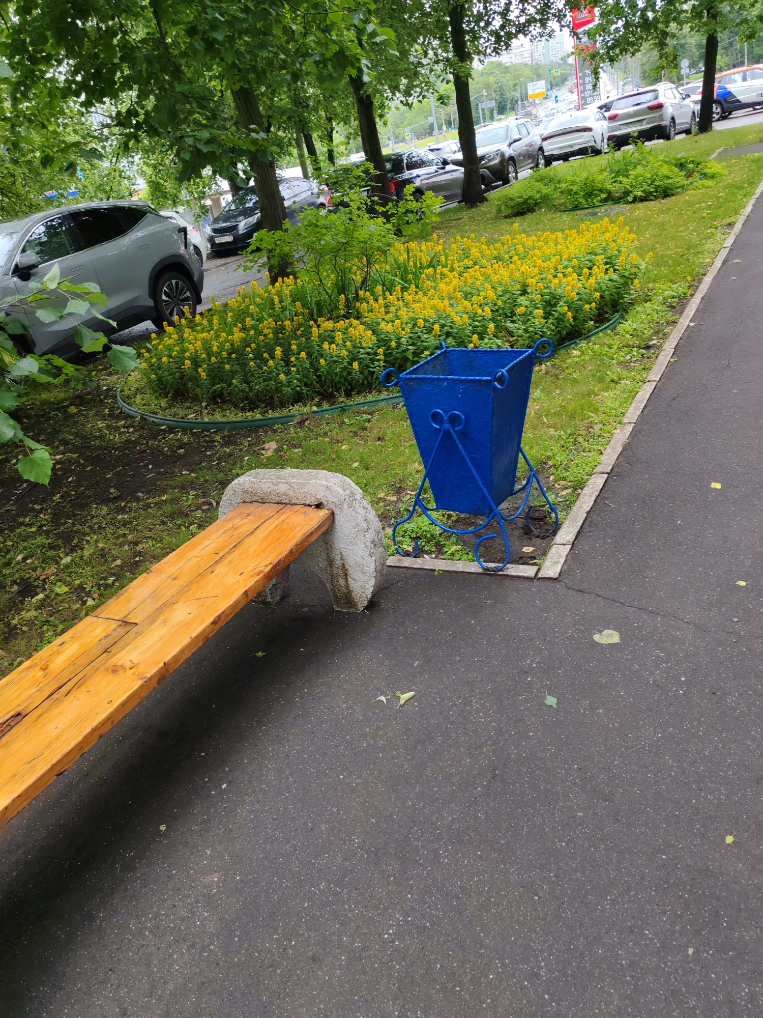 The image depicts an outdoor scene in a city environment, featuring a park-like setting with a paved walkway and a grassy area. In the foreground, a wooden bench with a weathered appearance is supported by two stone structures. To the right of the bench, a blue metal trash can with an ornate base stands on a concrete slab. Behind the bench, a vibrant flower bed filled with yellow flowers stretches across the scene, bordered by a green hose. Several trees with lush green foliage provide shade. In the background, various cars are parked along what appears to be a street or parking lot. The overall impression is of a public space designed for relaxation and public utility, with elements of nature integrated into an urban landscape.