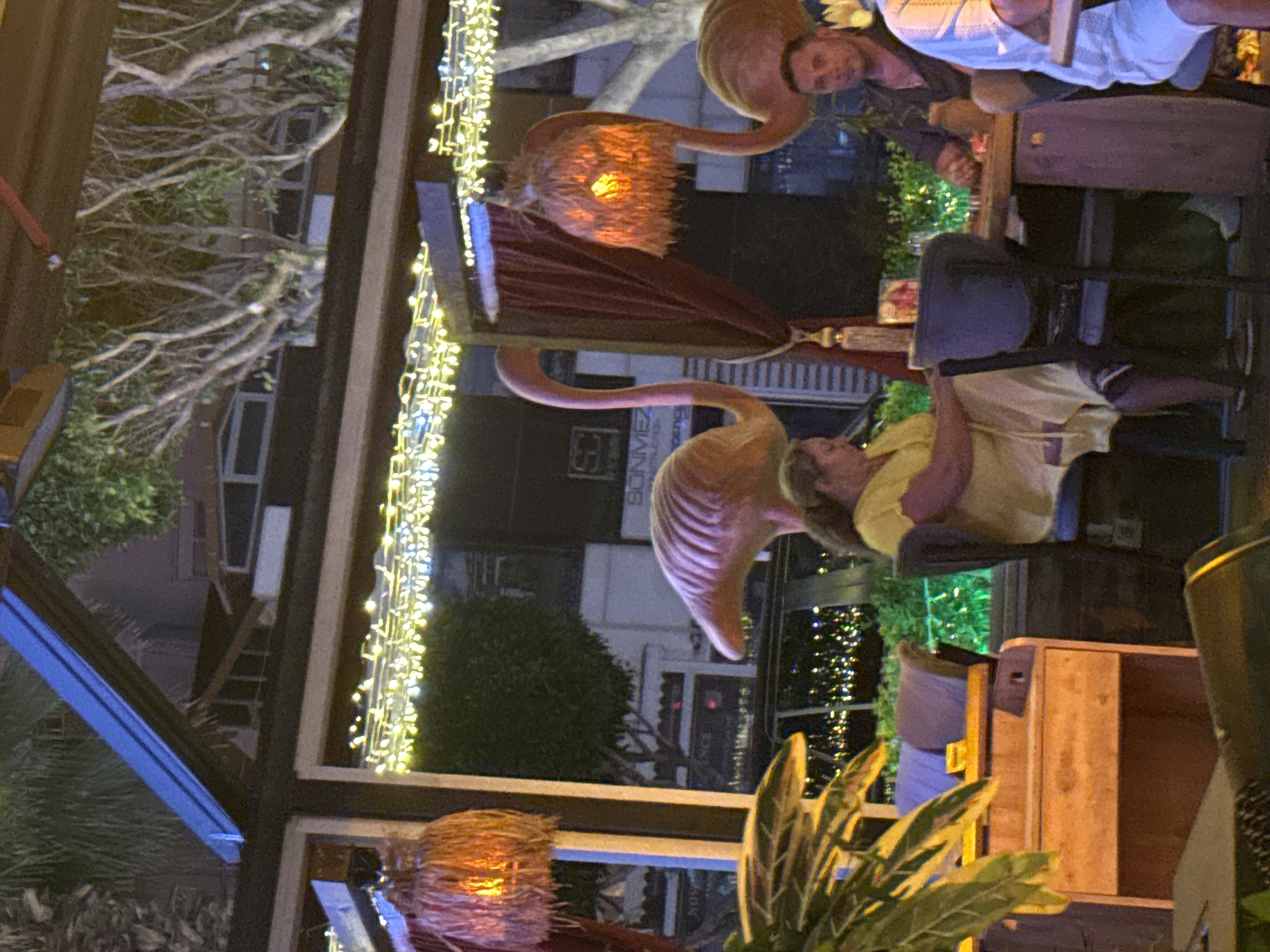 This image depicts a nighttime scene at what appears to be an outdoor or semi-outdoor dining or bar area. The setting is brightly lit by numerous string lights, draped across overhead structures, casting a warm yellow glow.
Several people are present. In the midground, a woman wearing a yellow shirt is seated at a dark table, looking slightly towards the camera. Further back, a man in a light-colored shirt is seated at another table, looking forward. Parts of other individuals are also visible, suggesting a social gathering.
The most striking decorative elements are two large, light-colored flamingo-shaped sculptures or lamps. One flamingo has a dark red, ornate fabric draped over its neck and head. Near the bottom left, a spherical light fixture, possibly made of woven material like wicker, emits an orange glow. Potted plants are scattered around, and a wooden crate is visible. Dark chairs and tables furnish the space.
In the background, dimly lit buildings and trees are visible, suggesting an urban or suburban context. Text partially visible on a background building includes "SUNVEZ" and "GOMEZ". The overall atmosphere is lively and relaxed, indicative of people enjoying an evening out.