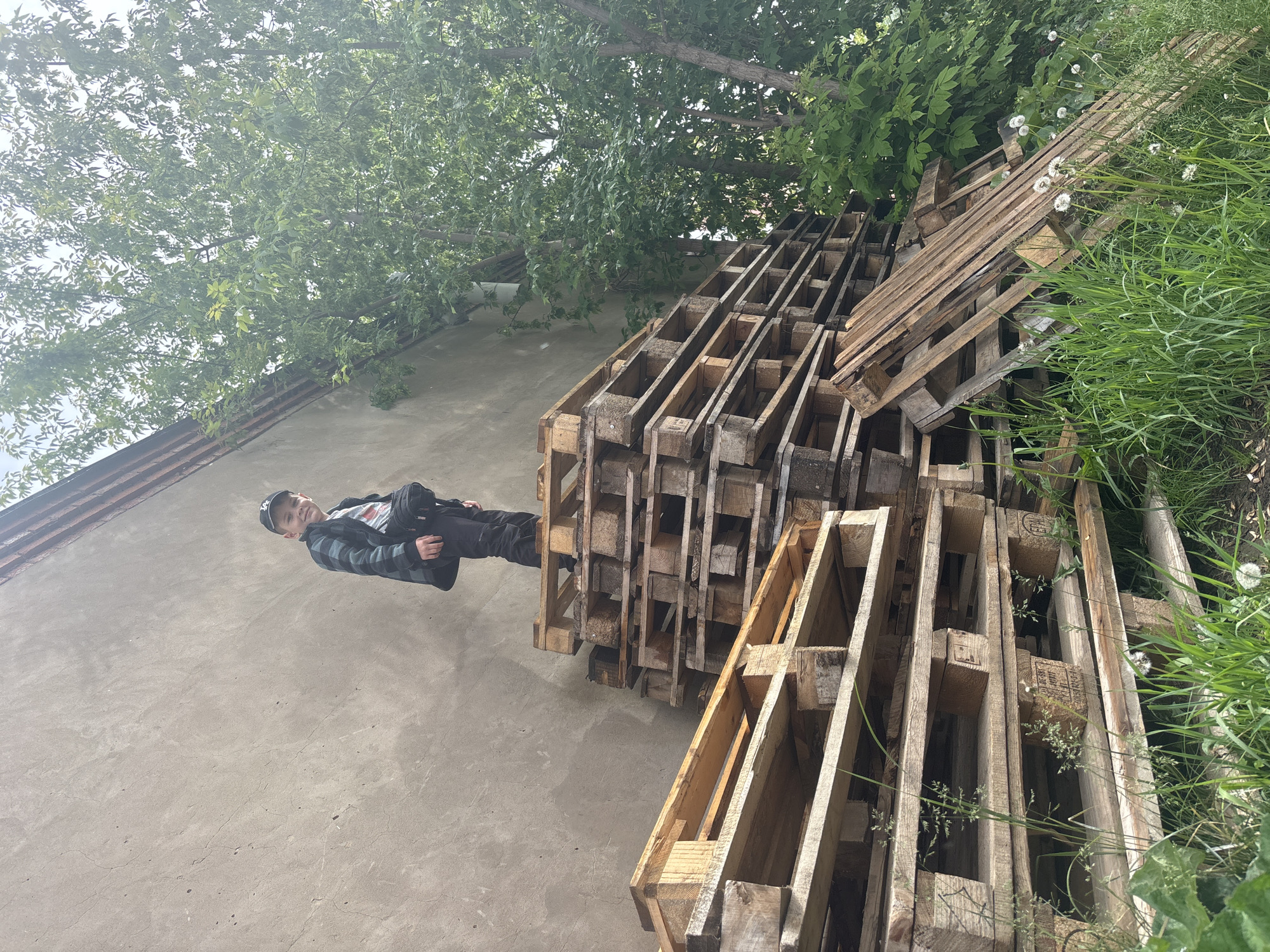 This image, taken in Chaikovsky, Russia, depicts a young boy standing atop a large stack of wooden pallets in an outdoor setting. The boy, who appears to be of school age, is dressed in a dark plaid long-sleeve shirt over a lighter t-shirt, dark pants, and a dark baseball cap. He is looking towards the camera with a slight smile and holds a small, dark object in his left hand.
The scene is dominated by numerous wooden pallets, some neatly stacked several high, while others are arranged more haphazardly. These pallets occupy the lower and central parts of the frame. To the left, a tall, textured concrete or stucco wall of a building rises. The upper portion of the image is filled with lush green foliage from large trees, suggesting a verdant environment. On the right side, tall green grass with scattered white dandelion-like flowers grows, contributing to a somewhat natural and overgrown feel.
The activity captured is the boy posing for the camera while standing on the stacked pallets. The bright, diffused lighting indicates it is daytime, likely under a partly cloudy sky or filtered through the dense tree canopy. The "EUR" marking is visible on some of the wooden pallets. The overall impression is one of a casual, possibly playful moment in a semi-industrial or back-of-yard area.