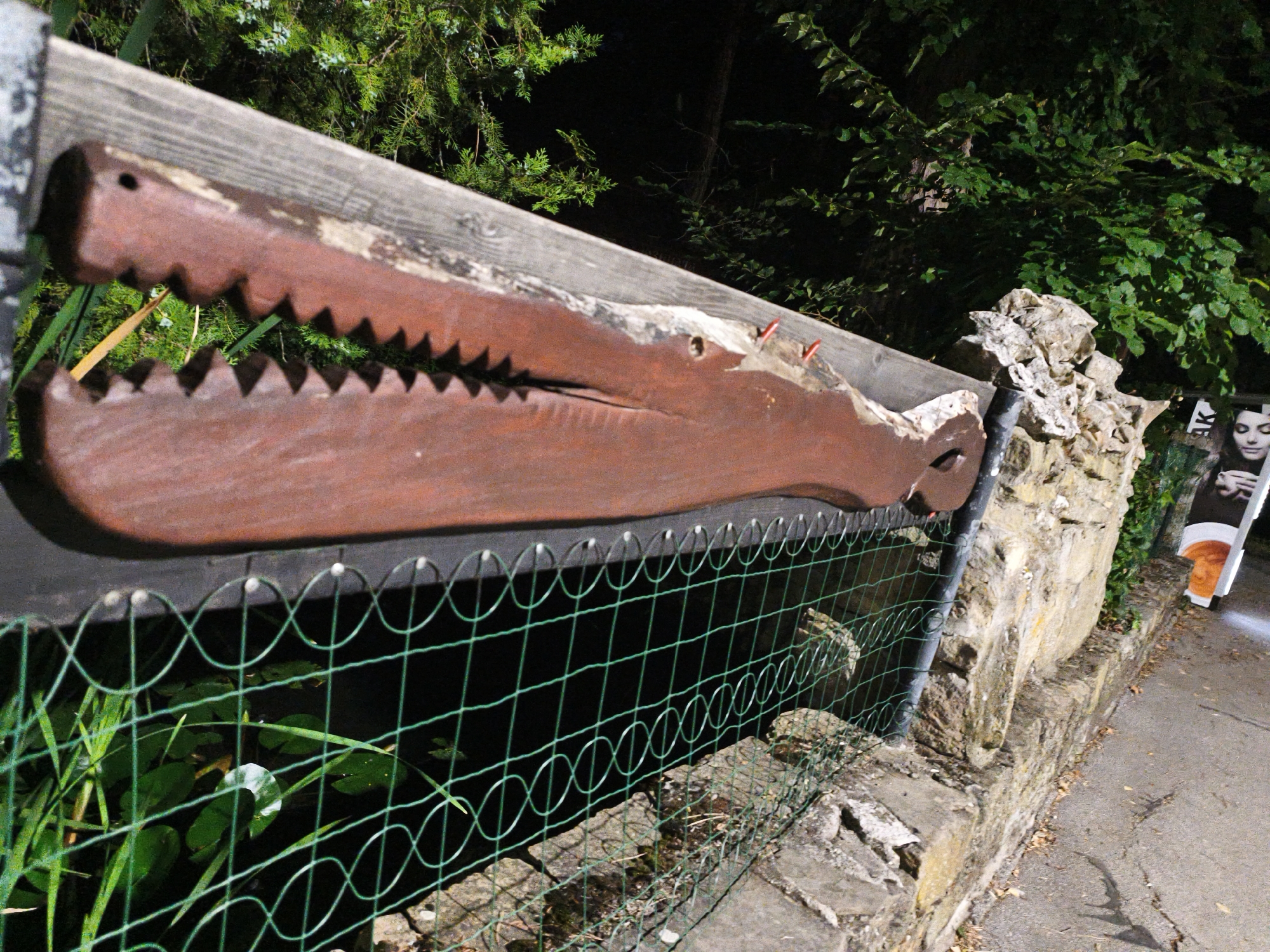 A close-up, slightly angled shot captures a portion of an outdoor display featuring a wooden sculpture resembling a crocodile's head. The sculpture, painted a reddish-brown, protrudes from a wooden beam, its teeth jagged and pointed. Below the sculpture, a green wire fence encloses an area with lush green foliage and water, suggesting a pond or garden feature. To the right of the fence and sculpture, a weathered stone wall runs parallel to a paved pathway. Partially visible on the far right is a poster featuring a woman's face and text in an unknown language. The background is dominated by dark foliage and trees, indicating an outdoor setting at dusk or night, with artificial lighting present. The scene is located in Lovech, Bulgaria.