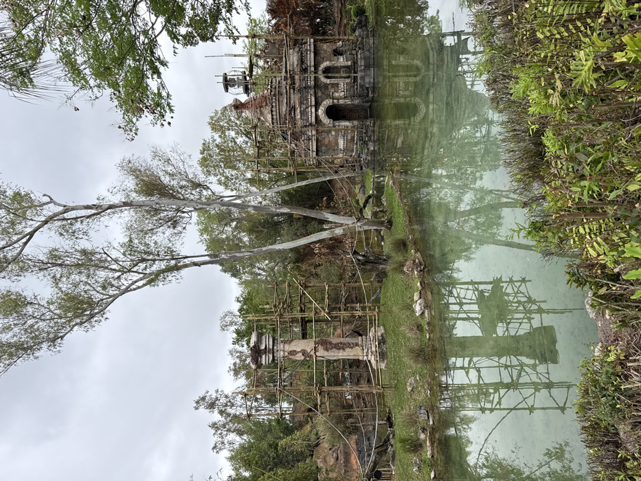 This image depicts a tranquil scene in Bay Lake, Florida, United States, specifically within Disney's Animal Kingdom theme park. Under an overcast sky, a placid body of water occupies the foreground and midground, reflecting the surrounding environment.
Two distinct structures, both enveloped in extensive bamboo scaffolding, are situated on small land masses within or bordering the water. To the left, a tall, light-colored column or pillar, exhibiting ornate carving on its capital and base, stands upright. Its shaft shows signs of weathering or discoloration. Bamboo scaffolding completely encases this column, with horizontal and diagonal poles visible. Rope or cable barriers are strung near the water's edge on this island.
To the right, a stone-faced building designed to resemble an ancient temple or ruin rises from the water. Its facade features an arched wooden doorway and two arched, empty niches. The building has a multi-tiered roof culminating in a conical structure. Similar to the column, this temple-like building is also surrounded by a dense bamboo scaffolding network. Behind and slightly above the temple, partially obscured by trees and scaffolding, a metal utility structure with a circular top is visible.
The landscape includes lush green foliage in the foreground, with dense trees and vegetation in the background. Several large, tall trees with light-colored bark and sparse foliage are prominently positioned in the center of the image. The calm, pale green water clearly mirrors the structures and trees. No individuals are present in the scene. The scaffolding indicates ongoing construction, refurbishment, or maintenance work on both structures.