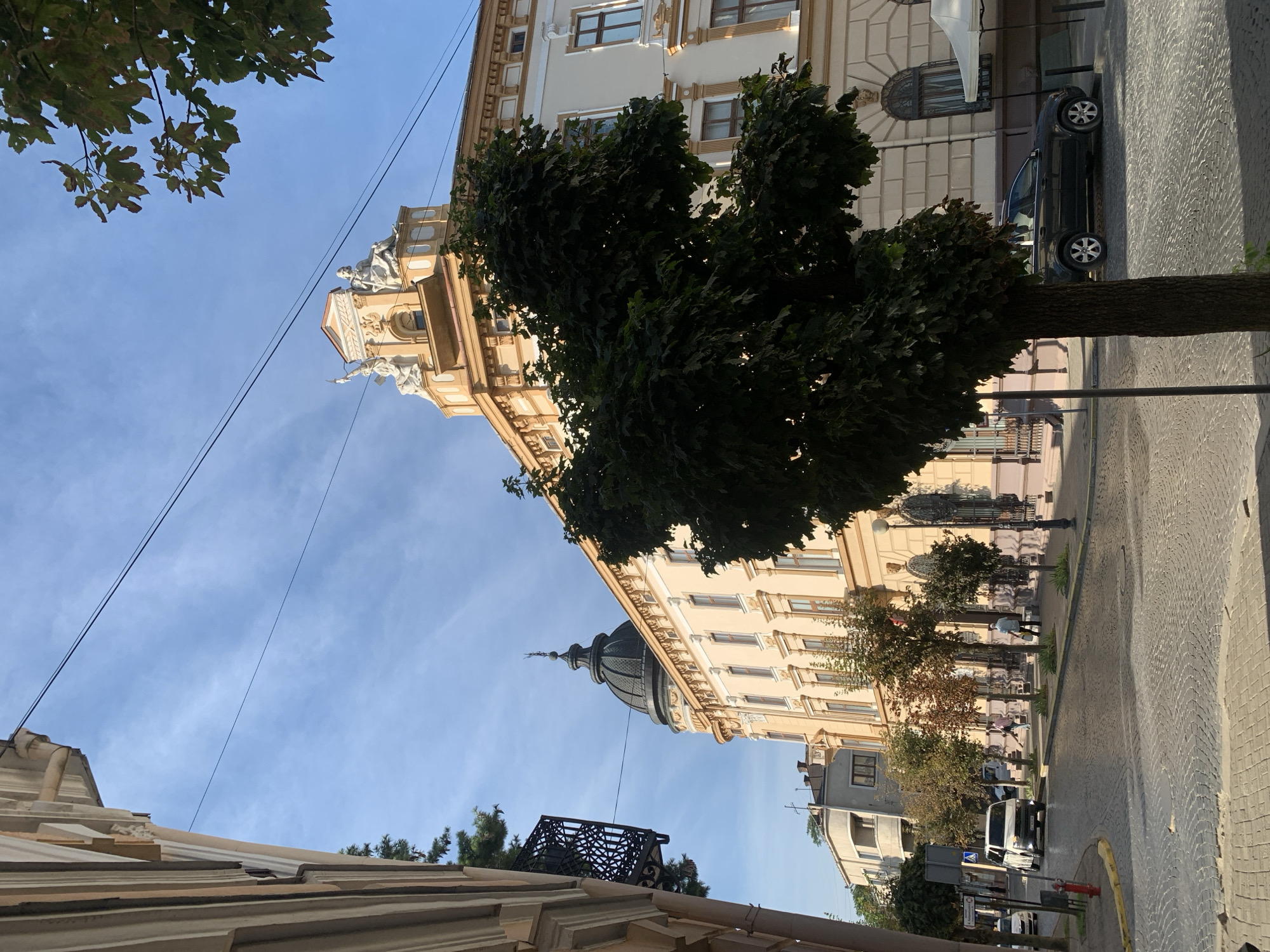 The photograph captures a street scene in Kolomyia, Ukraine, likely in the vicinity of the city hall or a similar public building. The architecture suggests a European city with a historical center. The main building in the background is a pale yellow structure with ornate detailing, featuring a dark dome on one side and a prominent pediment with sculpted figures on the other. The street is paved with cobblestones, and several trees line the sidewalk. A white van and a dark-colored SUV are parked on the street, and a few pedestrians are visible walking. The sky is blue with some wispy clouds, and the sunlight indicates it is daytime. The foreground is partially obscured by a large, leafy tree.