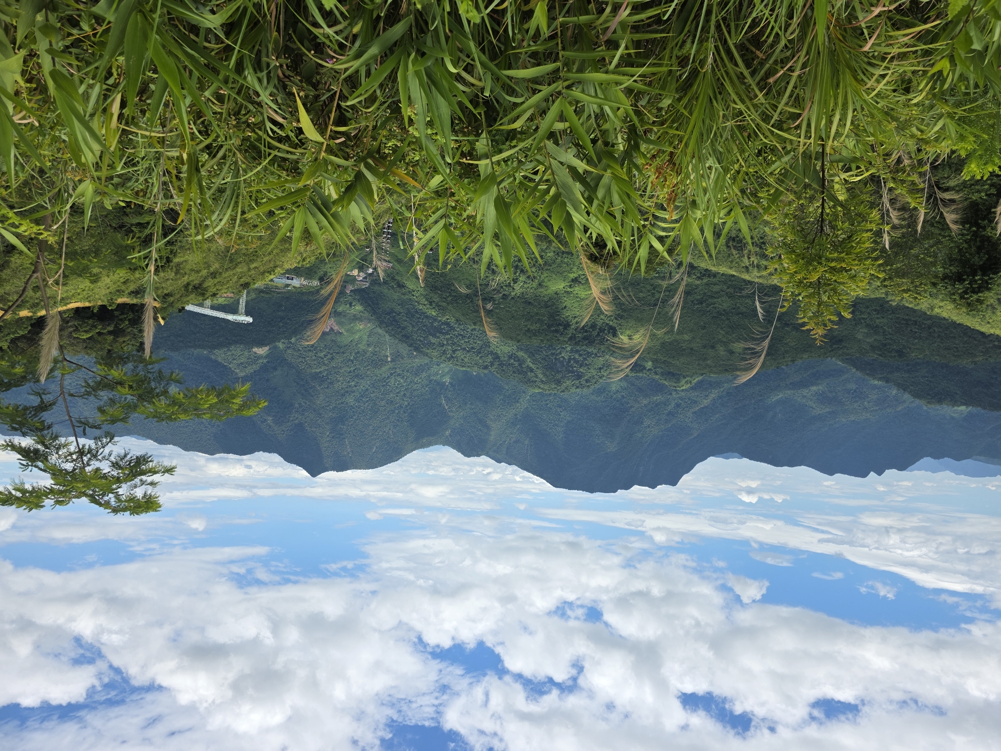 This is a scenic landscape photograph taken in the mountains near the city of Da Nang, Vietnam. In the foreground, lush green vegetation, including tall grasses and broad-leafed plants, fills the lower portion of the frame. In the mid-ground, rolling hills covered in dense green forest stretch into the distance, creating a textured, undulating landscape. The peaks of several large mountains are visible against the sky. A white modern bridge structure is prominent on a hillside in the mid-ground, suggesting infrastructure within this natural setting. The sky above is a vibrant blue, dotted with scattered white cumulus clouds. The overall impression is one of natural beauty and mountainous terrain.