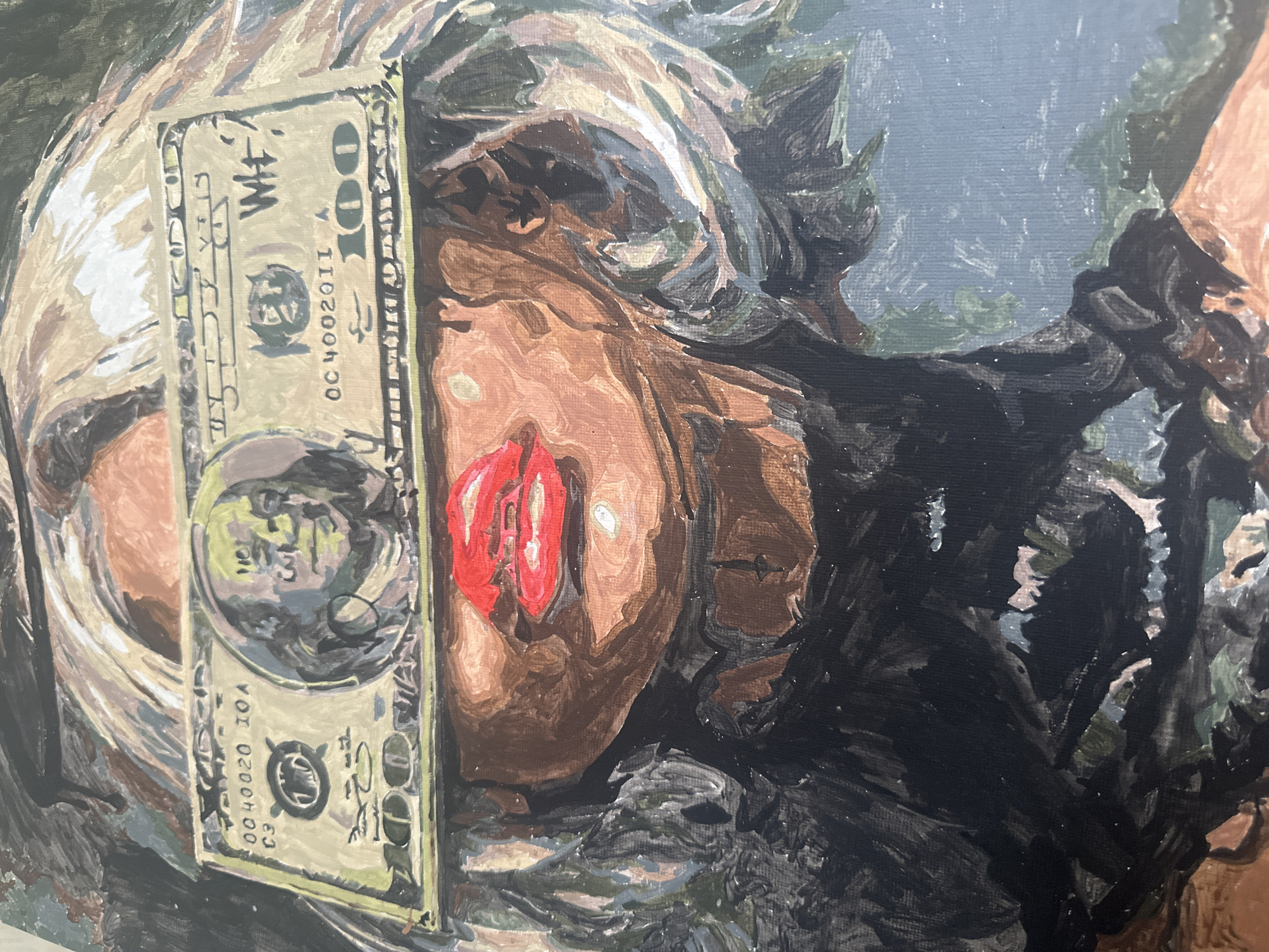A close-up painting shows a face with red lips and a one-hundred-dollar bill obscuring part of the left side of the face. The painting style is impressionistic, with visible brushstrokes. The background is dark with shades of green and blue. The painting is located in Высокий, Russia.