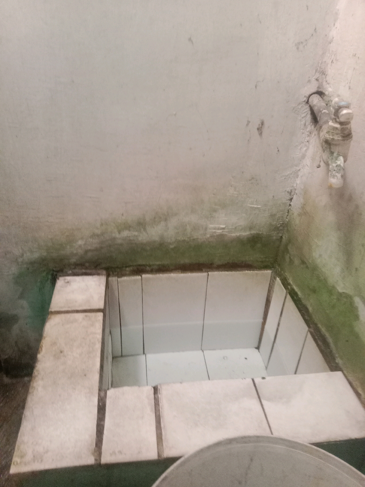 This image depicts an interior scene, likely a wash area or utility space, in Leksono, Indonesia. The primary focus is a tiled basin constructed with white ceramic tiles, which appears to be a sink or a built-in tub. The basin has a rectangular shape with tiered tiling on its edges, suggesting a custom installation. The surrounding walls and ceiling are painted a light color but exhibit significant signs of wear and discoloration. Specifically, there are widespread patches of green mold or mildew, particularly concentrated along the base of the walls and in the upper corners. A visible metal pipe and faucet protrude from the wall above and to the right of the basin, showing signs of mineral buildup and corrosion. The flooring beneath the basin is not clearly visible, but a dark green surface is partially discernible in the lower section of the image, along with the rim of a light-colored bucket. The overall impression is one of a damp, aged environment with visible signs of neglect and moisture-related damage.