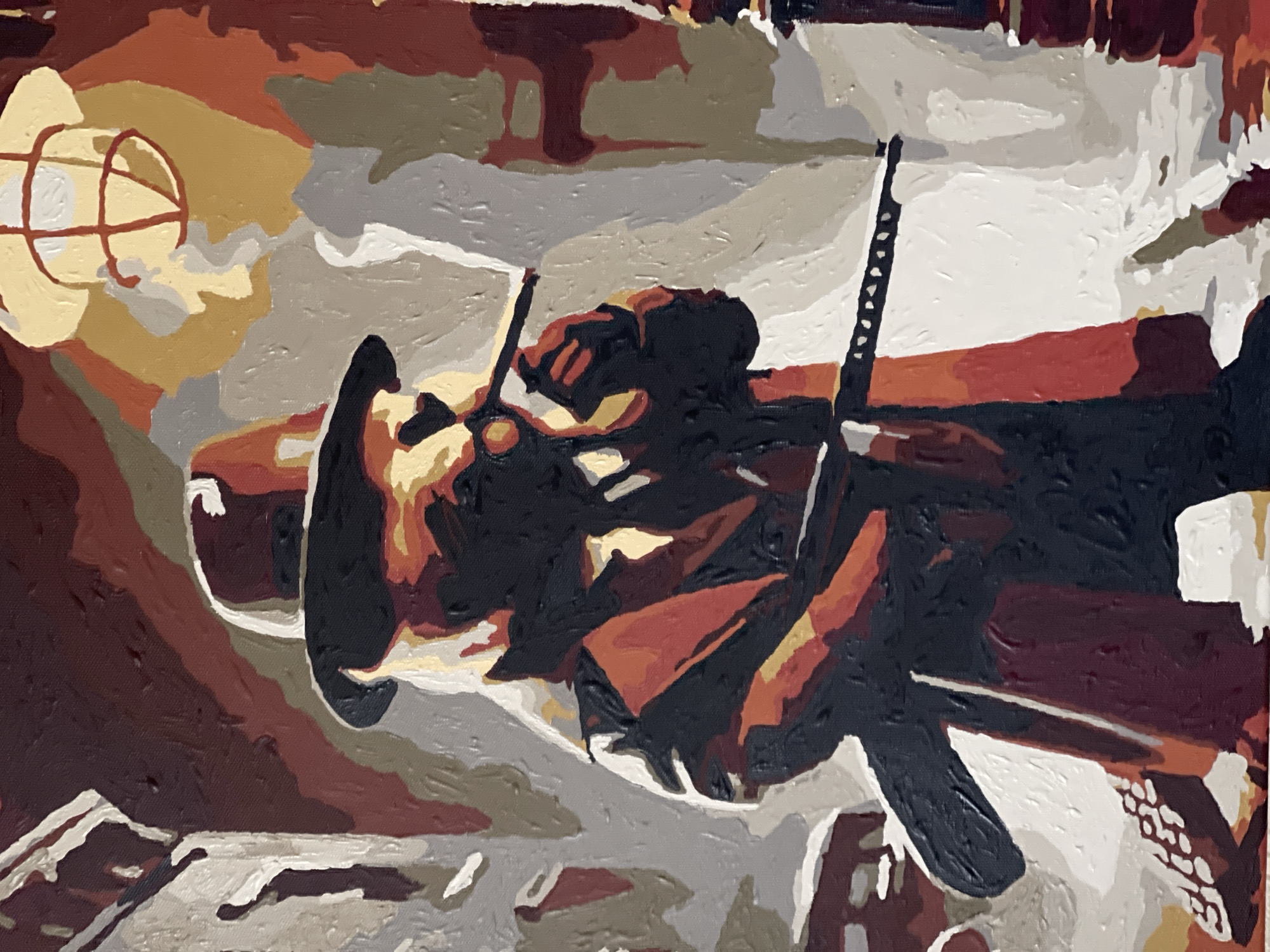 This is a stylized, abstract painting featuring a central figure on a vehicle, possibly a motorcycle or a scooter. The figure is depicted from the chest up, wearing a helmet and what appears to be a jacket with some dark, possibly black, sleeves and lighter colored accents. A sword or similar long, thin object is positioned vertically to the right of the figure, its handle visible. Another similar object is angled diagonally in front of the figure.
The vehicle's body is painted in shades of red and brown, with hints of yellow and black. The background is a mosaic of muted colors, including shades of brown, grey, beige, and white, creating a sense of depth and texture. The painting style is characterized by bold, angular brushstrokes, giving the image a somewhat fragmented or cubist appearance. The lighting is suggestive, with some areas illuminated by a warm, yellow light, possibly from a lamp or street light, indicated by a circular, cage-like element in the upper left.
The overall impression is one of dynamic movement and intensity, although the abstract nature leaves room for interpretation regarding the specific activity or emotions. There is no visible text in the image. The scene is ambiguous in terms of time of day and location, leaning towards an urban or possibly a somewhat gritty, nocturnal setting due to the lighting and color palette.