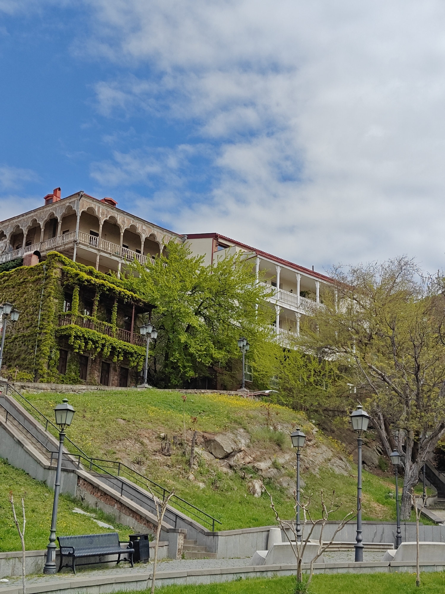 The image displays a picturesque, hilly urban landscape in Tbilisi, Georgia, under a bright blue sky with scattered white clouds. The scene features traditional architecture nestled into verdant slopes.
On the left, a multi-story building stands prominently on a hillside. Its upper facade showcases an ornate balcony structure with arched openings and a red tiled roof. The lower part of this building is almost entirely covered in a thick mantle of vibrant green ivy or climbing vines. To its right, partially hidden by trees, another building extends along the slope, featuring multiple tiers of white, balustraded balconies and a matching red tiled roof.
The hillsides are richly covered in green grass, dotted with small yellow wildflowers. Lush, bright green trees with full foliage are abundant in the midground, while some trees in the foreground appear sparser, suggesting the season is early spring. A set of concrete and stone stairs with metal railings ascends the grassy incline on the left.
In the foreground, a paved area includes a classic black park bench, a matching trash can, and several vintage-style lampposts. The lighting indicates it is daytime, and the weather appears pleasant. No people are visible, contributing to a tranquil and serene ambiance. The architectural style and natural elements strongly evoke the charm of Tbilisi's historic districts.