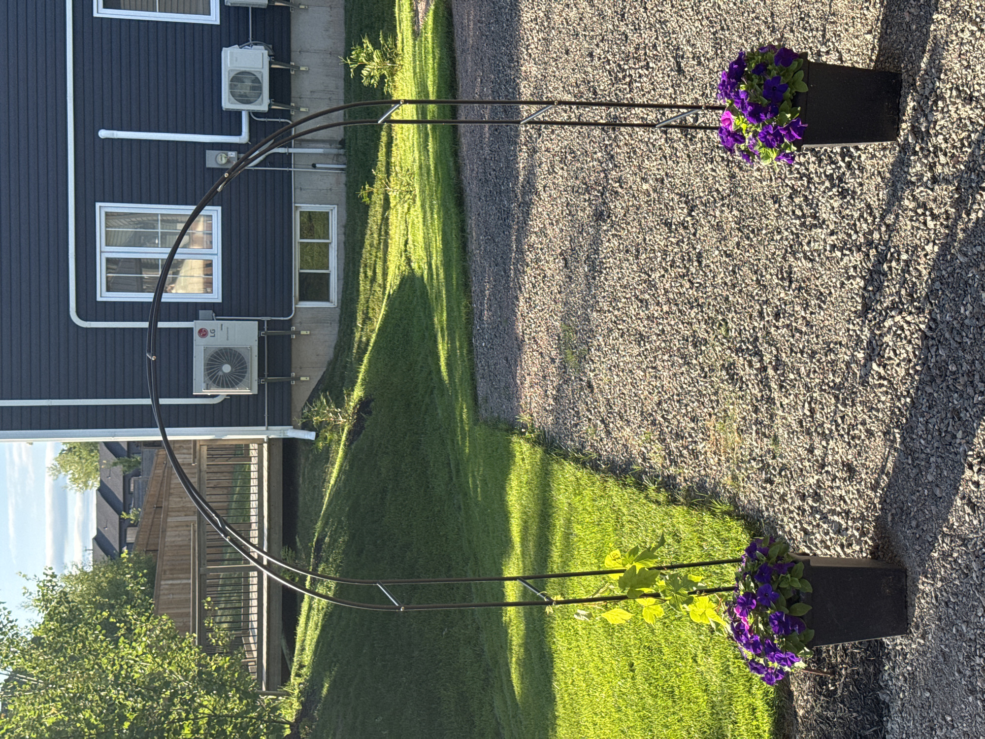 This is a photograph of a garden scene. In the foreground, two black square planters are placed on a gravel pathway, each filled with a dense cluster of purple flowers, possibly petunias, with a vine growing up a metal archway that stands between them. The archway is made of dark metal and has a curved top. To the left of the pathway, a well-maintained green lawn slopes upwards towards a wooden deck and fence. In the background, a dark blue house with white trim and multiple windows is visible. Two outdoor air conditioning units are mounted on the exterior wall of the house, along with a utility meter and conduit piping. The sky is partly cloudy, and sunlight casts shadows on the gravel and lawn. The scene appears to be a residential backyard, likely in Dieppe, Canada, given the architectural style and landscaping. There are no people or animals present in the image.