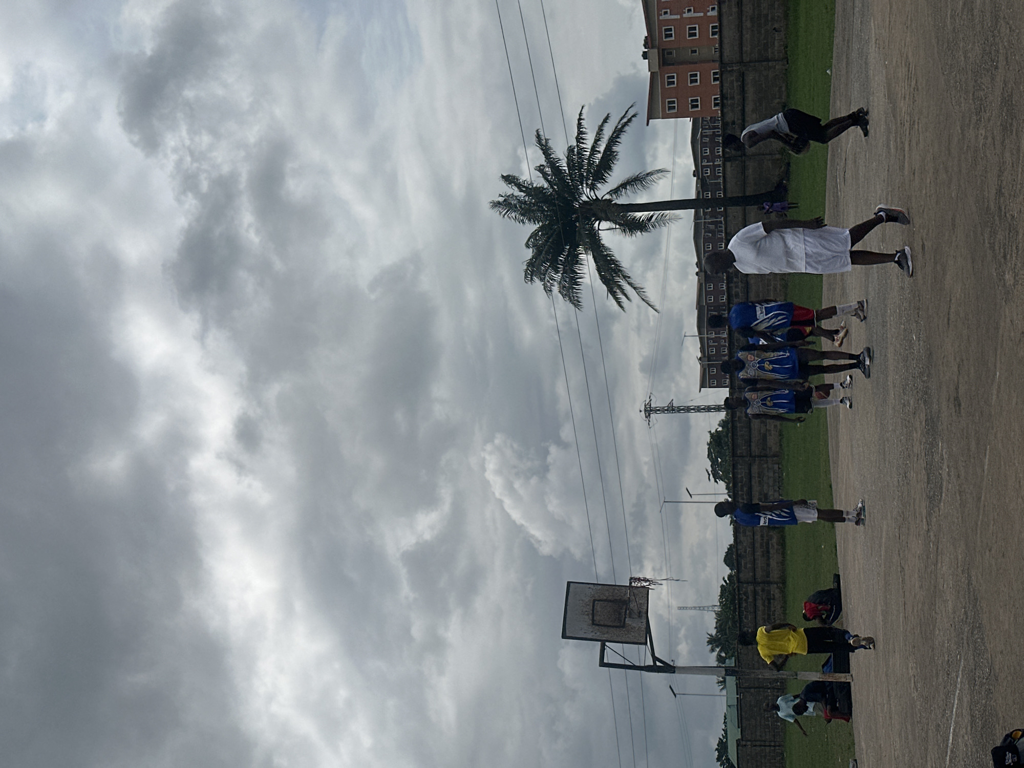 In Ajara, Nigeria, a group of individuals are gathered on an outdoor basketball court under a cloudy sky. Several young men, some in athletic wear, are engaged in or observing a basketball game. One man in a yellow t-shirt and black pants walks away from the camera, while others in blue and white jerseys are positioned on the court. A man in a white t-shirt and white shorts walks towards the viewer, and another man in a gray tank top and black shorts dribbles a basketball. In the background, a tall palm tree stands against the overcast sky, with buildings and electrical poles visible in the distance. The court appears to be made of concrete, and a dilapidated basketball hoop with a frayed net stands to the left. Some individuals are seated on the ground near the edge of the court.