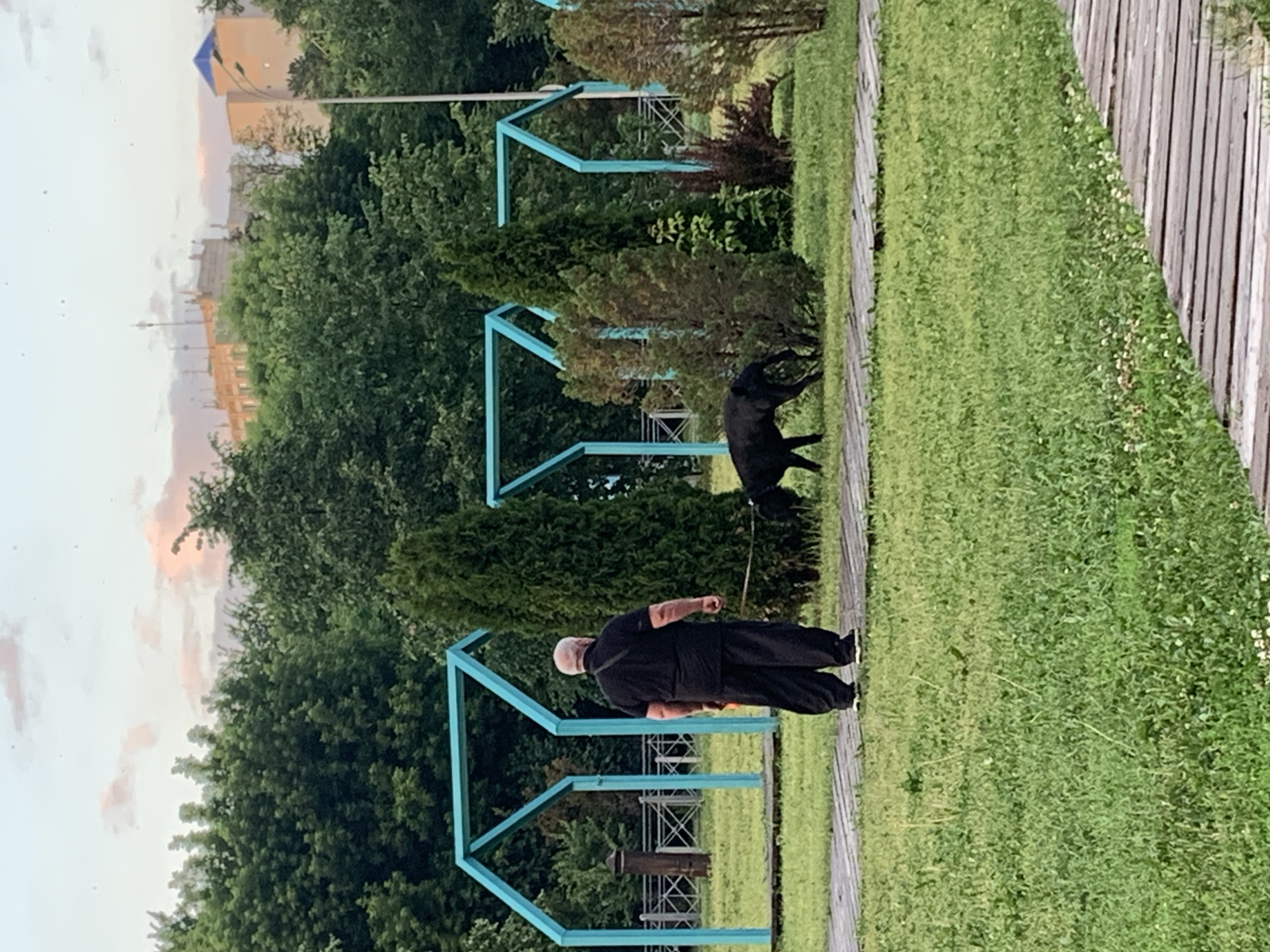 A bald man in black clothing walks a black dog on a leash on a wooden pathway in a park. The man is facing away from the camera. The dog is sniffing the ground near some bushes. In the background, there are green trees and some blue, arched structures. Buildings and a street light are visible in the distance. The sky is cloudy with hints of pink. This scene appears to be in a park in Kazan, Russia, possibly Gorky Park, based on the distinctive blue arch structures.